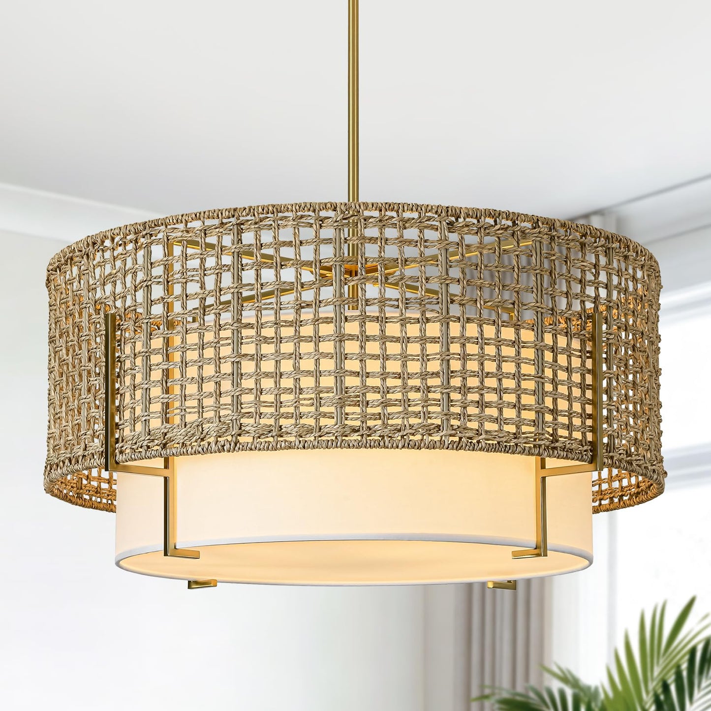 4-Light Rattan Chandelier for Dining Room, 19.7" Boho Pendant Light | Hand Woven, Drum Design with Fabric Shade, Farmhouse Style, for Living Room, Kitchen Island, Bedroom, Hallway, Foyer