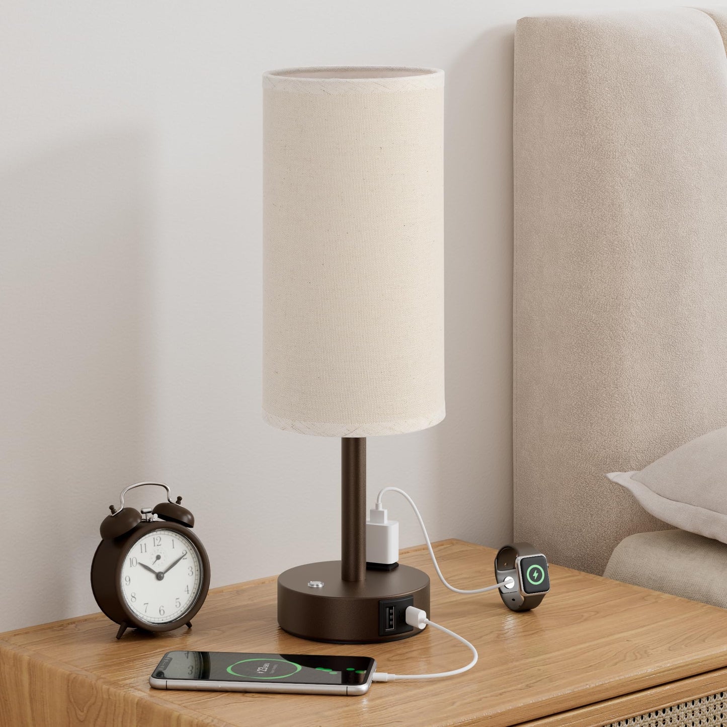 Touch Bedside Table Lamp for Bedroom, Stepless Dimmable, USB A+C, AC Outlet | Base Touch Button Only, Memory Brightness, Ultra-dim Night Light, Included Bulb for Optimal Dimming, Wood Grain Base, Nursery