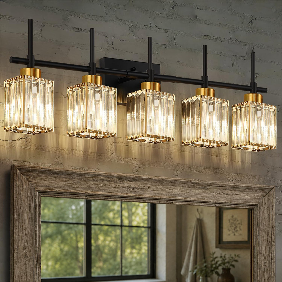 Torondo Modern Crystal Bathroom Vanity Light 4-Lights Gold Bathroom Light Fixtures Over Mirror Black and Gold Vanity Lighting Fixtures Gold Square Shade Brass Wall Sconce (Bulbs Not Include)