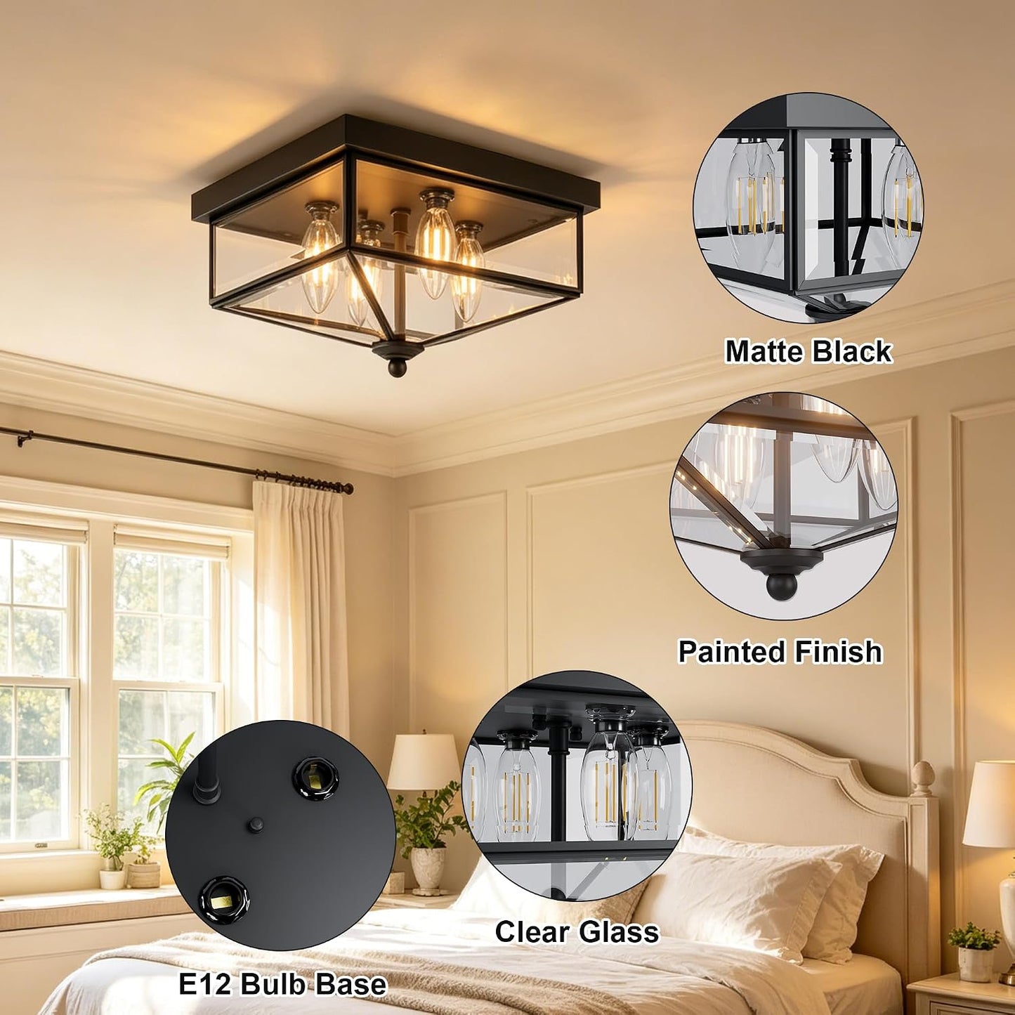 Farmhouse Style Square Flush Mount Ceiling Light, 4-Light Modern. | Ceiling Light Fixture with Clear Glass, Black Close-to-Ceiling for Kitchen Hallway Balcony Porch Stairway, E12 Base