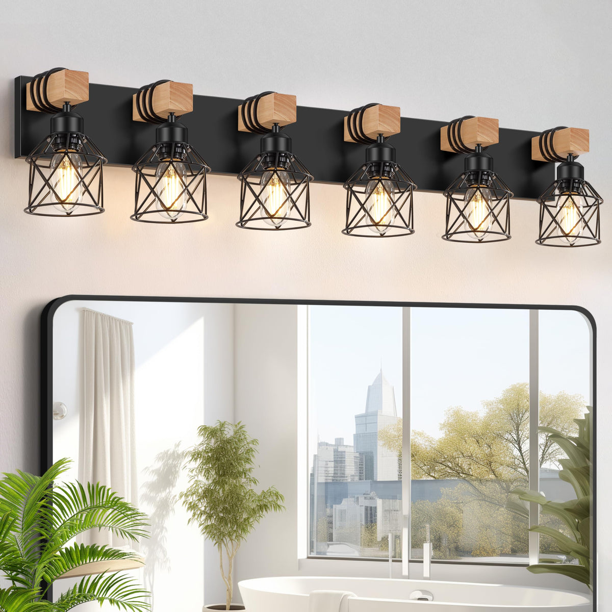 FadimiKoo 3-Light Bathroom Vanity Lights, Farmhouse Bathroom Light Fixtures | Rustic Wood & Black Metal Shade, Wood Bathroom Lighting Fixtures Over Mirror, Wall Sconces for Bathroom Bedroom Living Room
