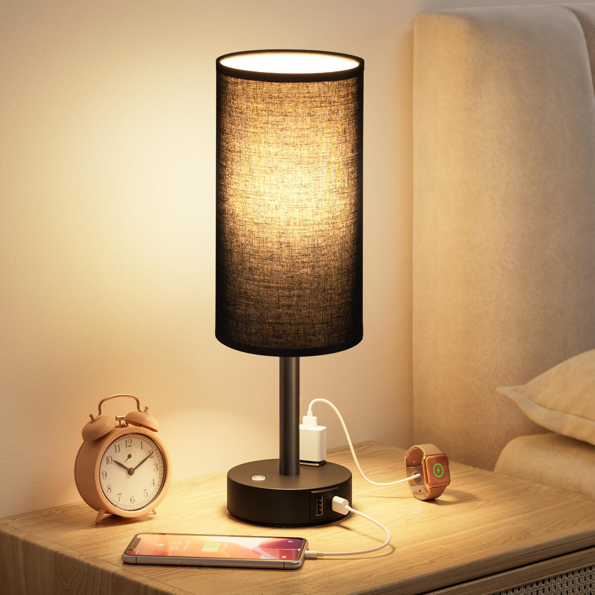 Touch Bedside Table Lamp for Bedroom, Stepless Dimmable, USB A+C, AC Outlet | Base Touch Button Only, Memory Brightness, Ultra-dim Night Light, Included Bulb for Optimal Dimming, Wood Grain Base, Nursery