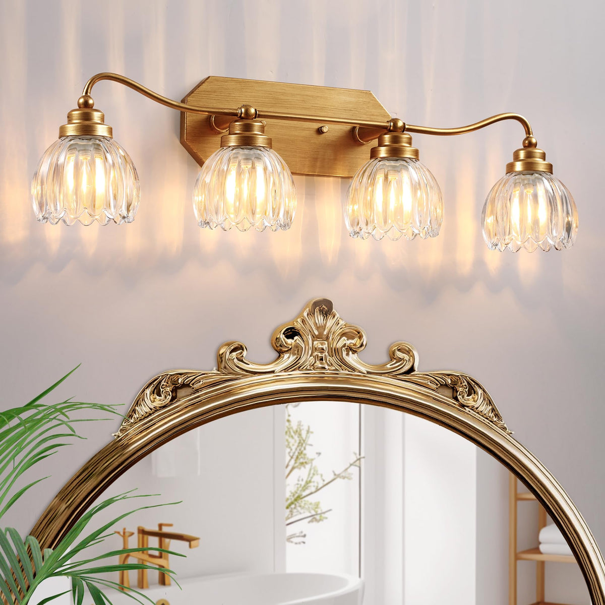 3 Light Gold Vintage Vanity Lights, Antique Brass Finish | Clear Tulip Crystal Shades,Brushed Gold Bathroom Light Fixtures,Wall Sconce Ideal for Bedroom, Hallway, Easy to Install