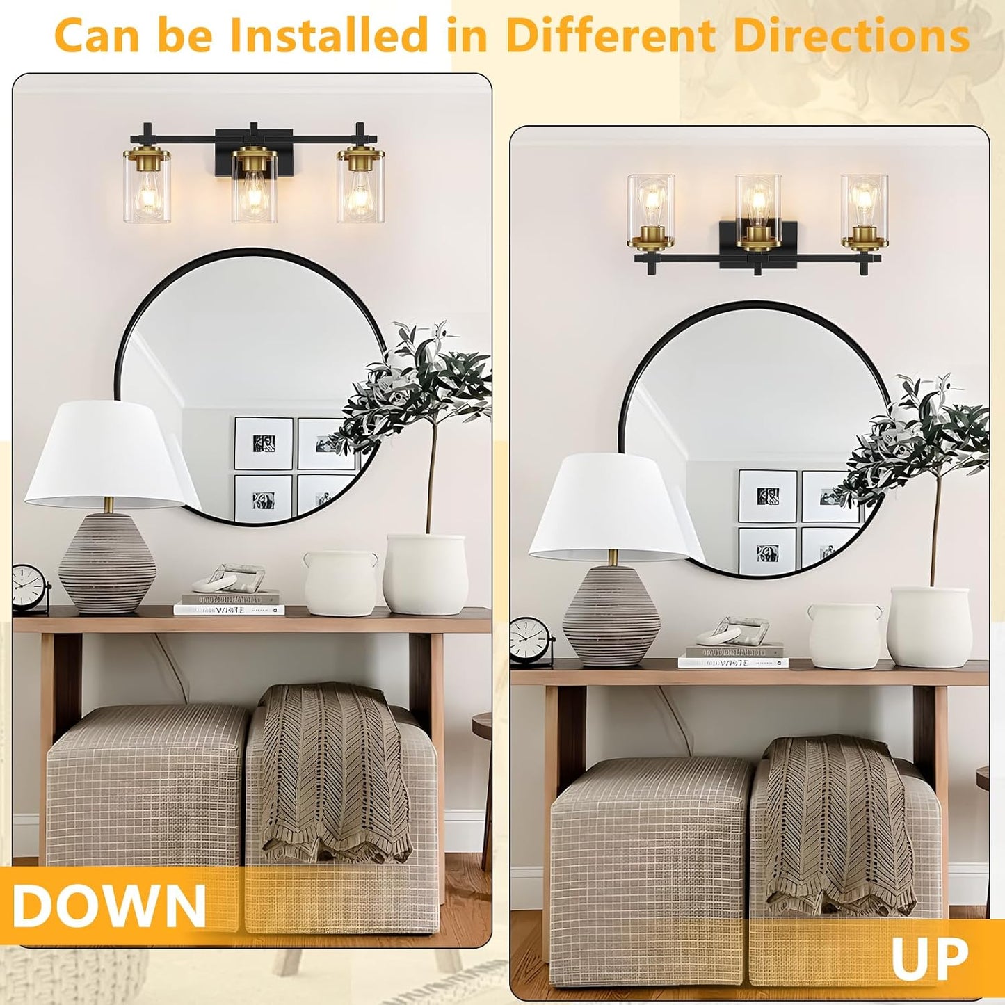 3-Lights Black and Gold Bathroom Light Fixtures Over Mirror, Modern Brushed Gold Vanity Lights for Bathroom, Sconces Wall Lighting with Square Glass Shade for Mirror Bedroom Hallway