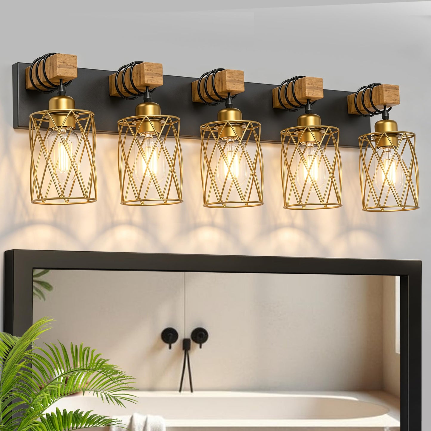 IZORRO Farmhouse Bathroom Vanity Light, 3-Light Wood Bathroom Light Fixtures Over Mirror, Black Industrial Vanity Lights with Metal Shade, Rustic Restroom Lighting Fixtures