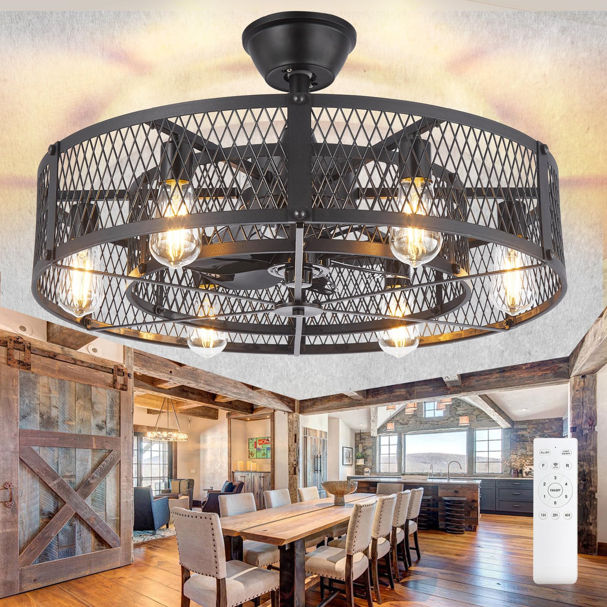 DLLT Caged Ceiling Fan with Light: 20" Farmhouse Fandelier with Lights and Remote Control - Black Rustic Semi Flush Mount Bladeless Ceiling Fans Enclosed Fan for Bedroon Kitchen Living Dining Room