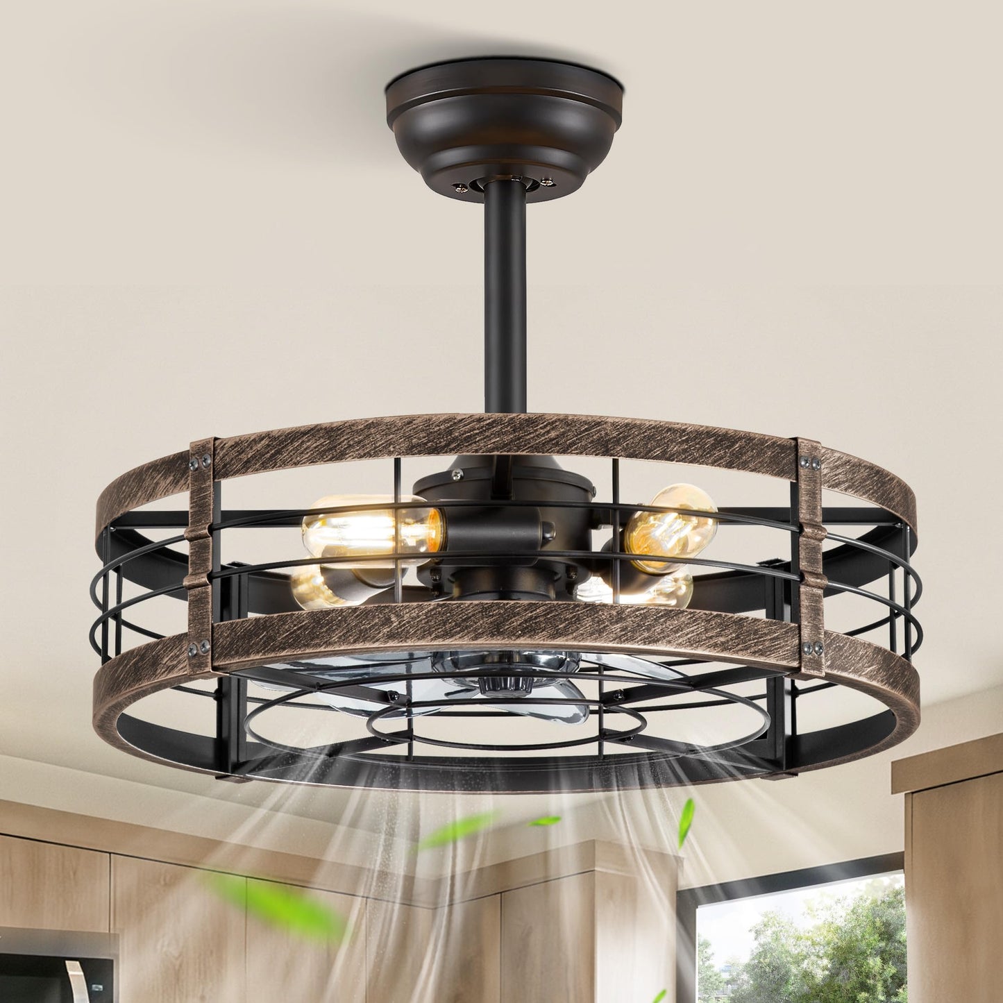 LEDIARY 20 inch Fandelier Caged Ceiling Fan with Light and Remote, Black | 6 Speed Adjustable,Timing, Quiet & Powerful DC, Small, Farmhouse, Industrial, Enclosed, Bladeless, Bedroom, Kitchen, Downrod