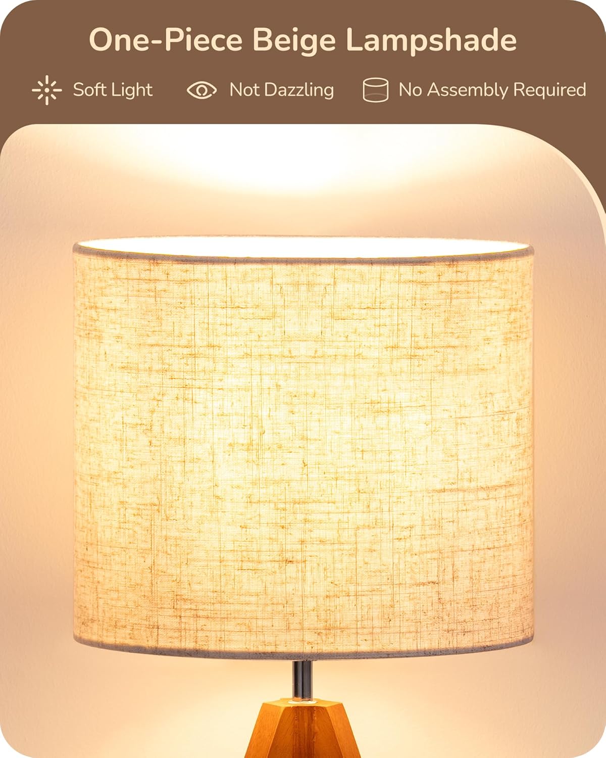 EDISHINE Tripod Table Lamp, Small Cute Bedside Lamp, 14.2 Inch, E26 Base | Light Brown Wooden Base, Linen Beige Lampshade, Nightstand Lamp for Nursery, Bedroom, Kid Room, Living Room