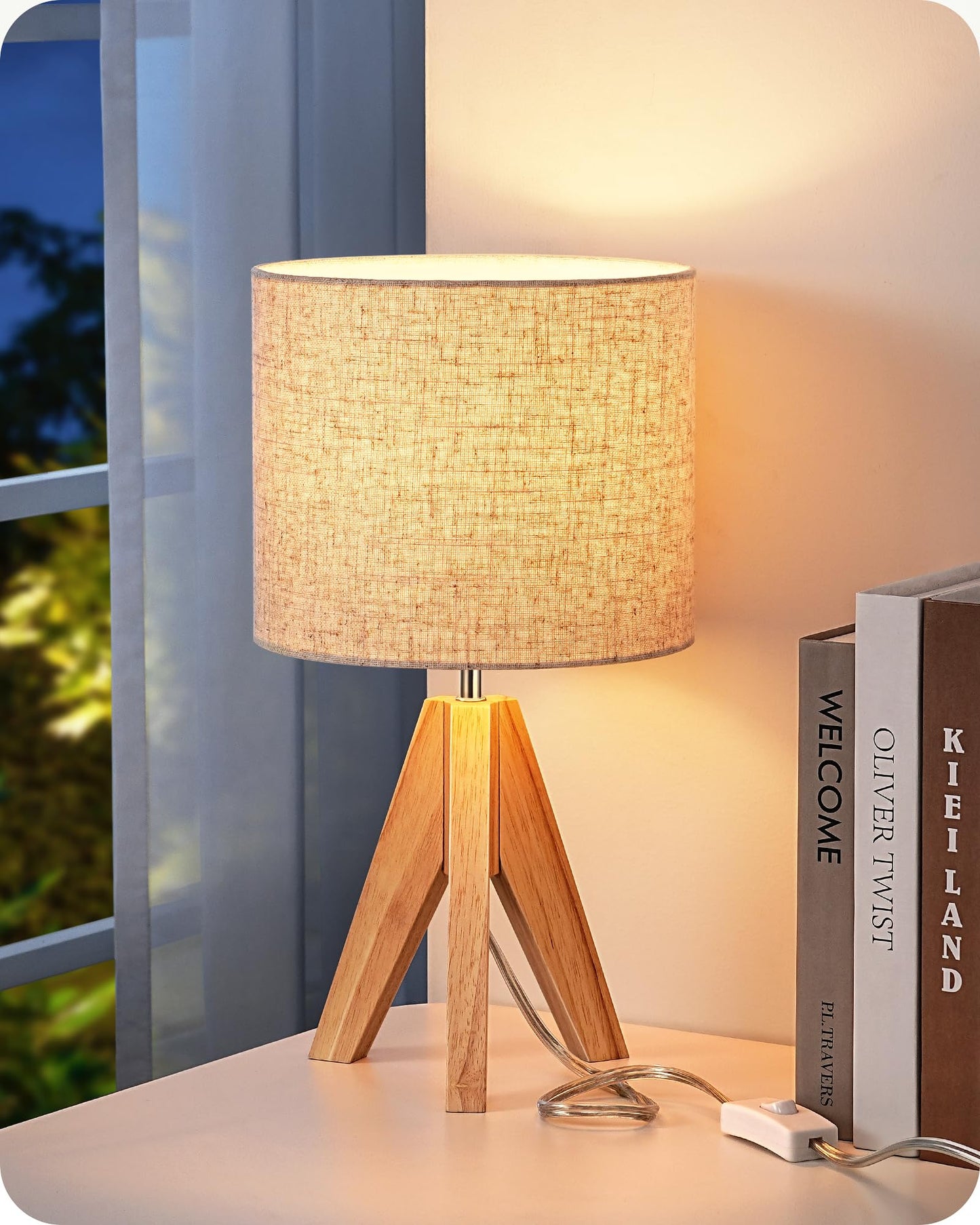 EDISHINE Tripod Table Lamp, Small Cute Bedside Lamp, 14.2 Inch, E26 Base | Light Brown Wooden Base, Linen Beige Lampshade, Nightstand Lamp for Nursery, Bedroom, Kid Room, Living Room