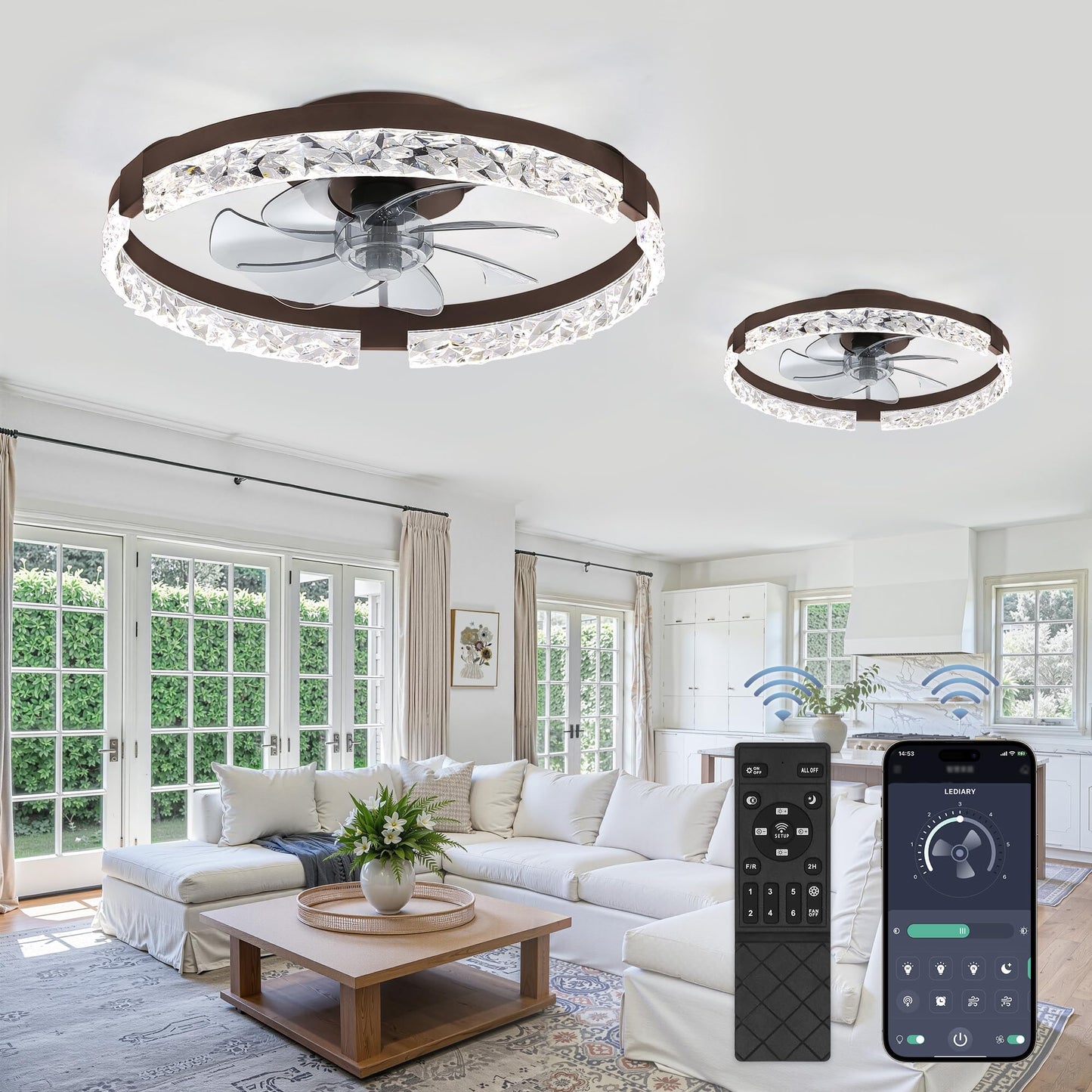 LEDIARY 20" Modern Ceiling Fans with Lights and Remote, White Fandelier | Dimmable Low Profile, Flush Mount Ceiling Fan, Stepless Color Temperature Change, 6 Speeds, Bedroom, Living Room, Kitchen