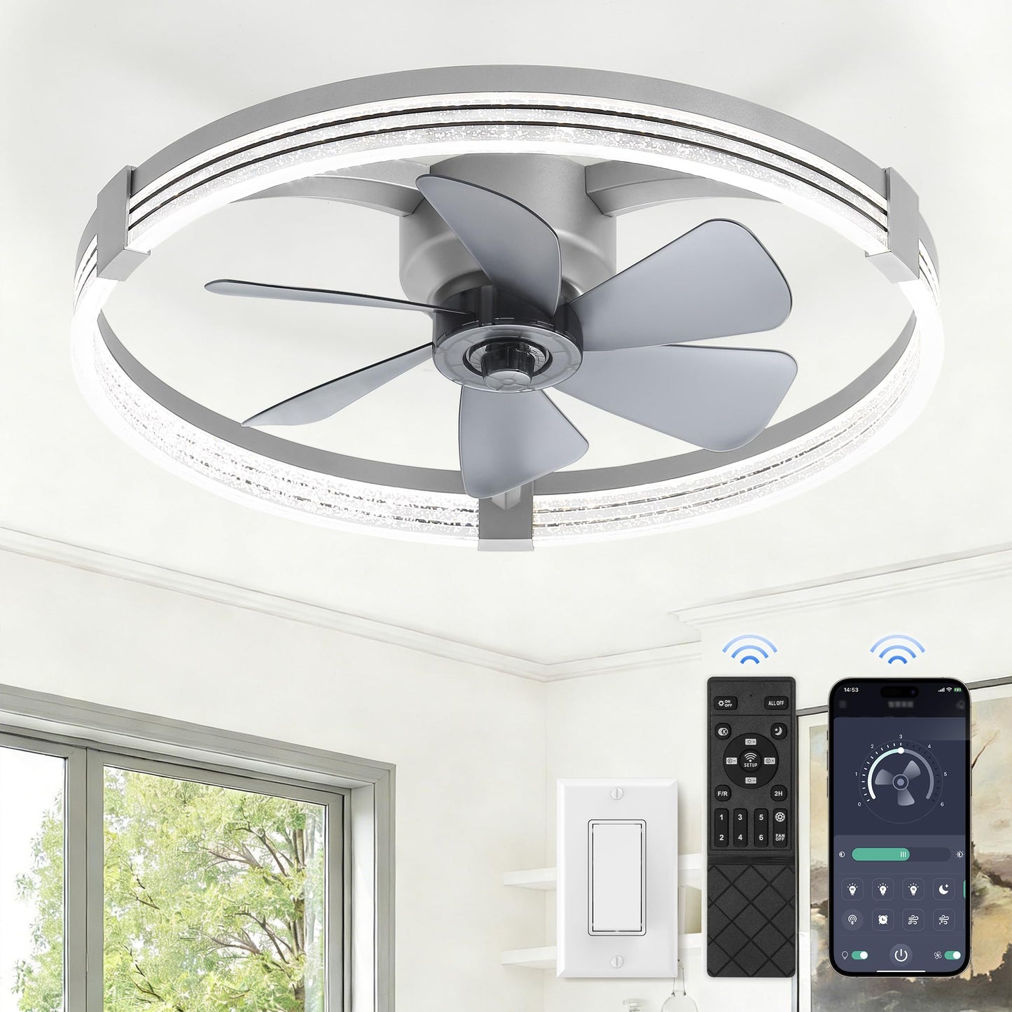 ZMISHIBO Ceiling Fan with Light and remote, 23'' Low Profile Ceiling Fans | Flush Mount Modern Ceiling Fan and Remote Control, 3000K-7000K Dimmable, Modern Fandelier for Bedroom, Living Room