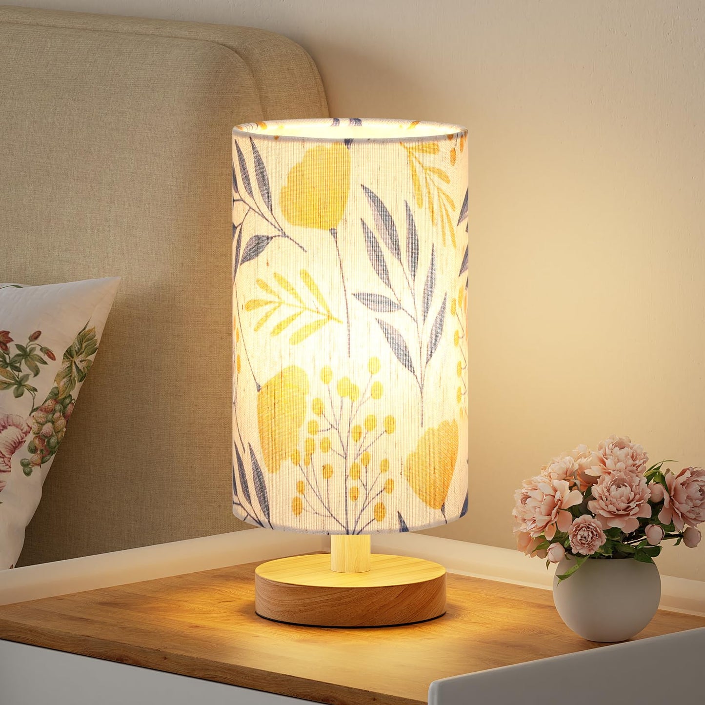 9" Small Table Lamp for Bedroom - Inline Control with 3000K Blub | Cream Shade and Wood Base | 680 Lumens | Easy Assembly | Minimalist Design | E26 | for Kitchen | for Kids Room