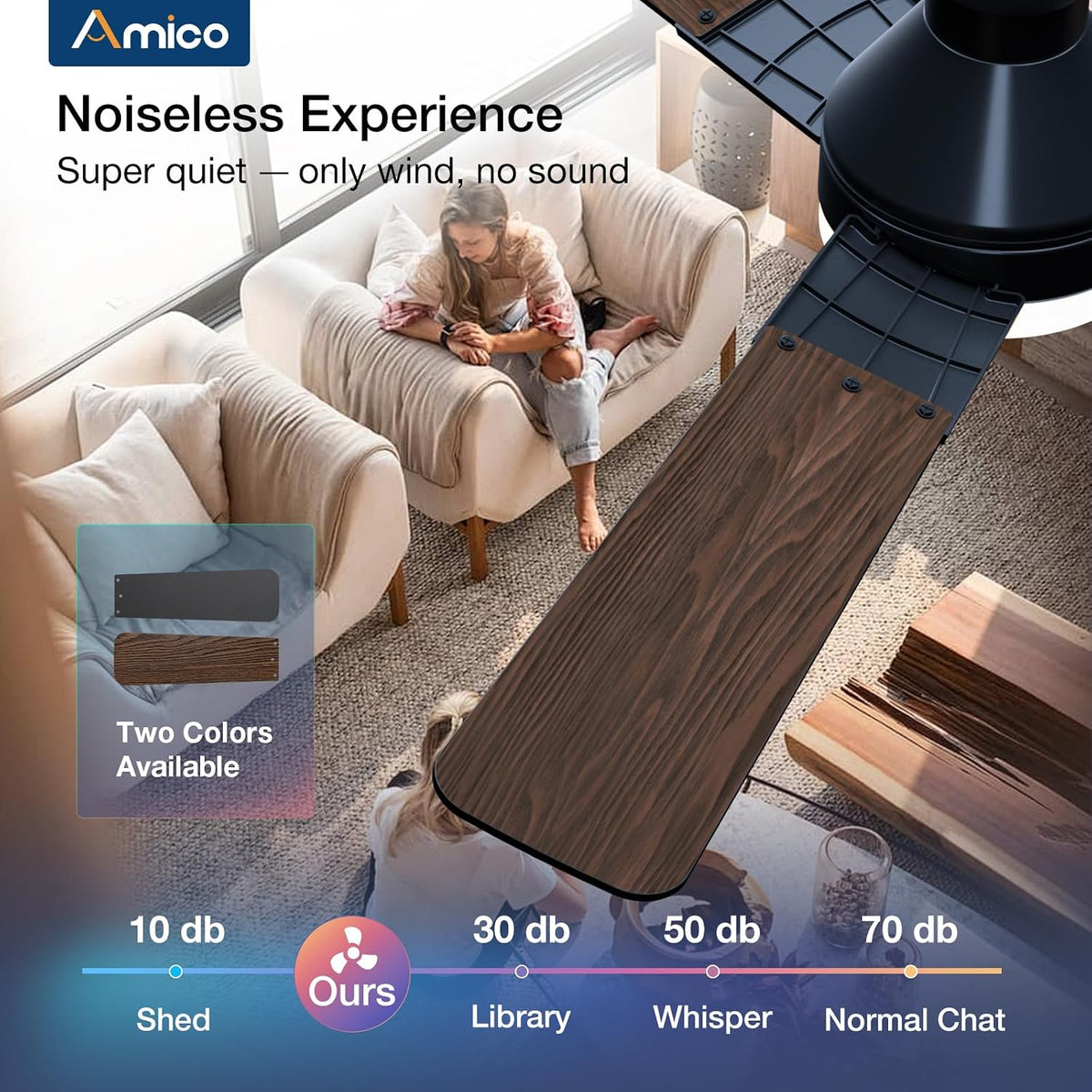 Amico 52 Inch Black Low Profile Ceiling Fans with Lights and Remote | Flush mount, 3-color dimmable light, quiet reversible DC motor, easy install, memory, timer, bedroom, covered outdoor areas