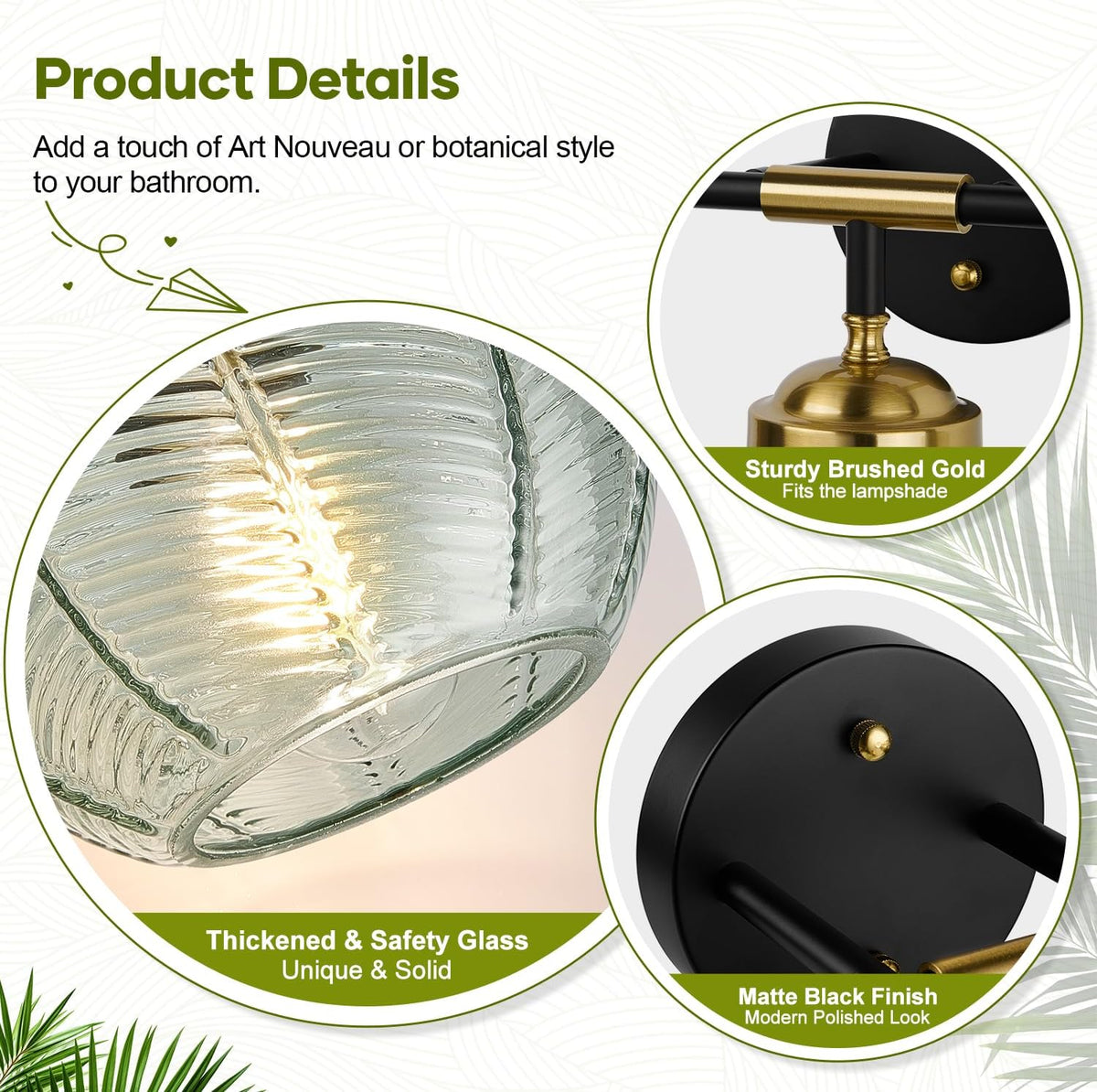MOKATNG Bathroom Light Fixtures, 3-Light Green Vanity Lights with Unique Leaf Texture Glass Shade, Modern Matte Black and Gold Bathroom Wall Lamp for Mirror Hallway Cabinet Living Room