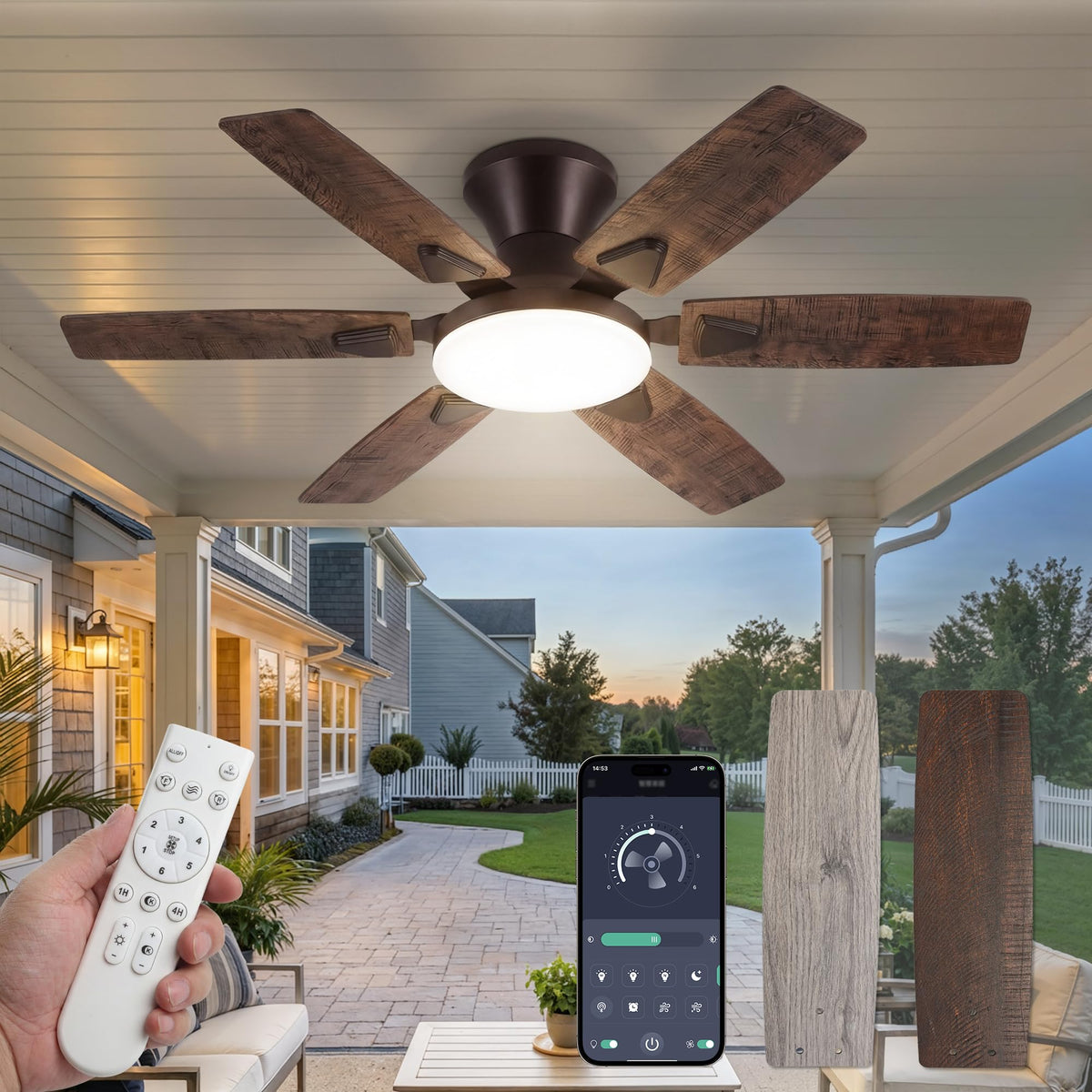 Fanbulous 52 Inch Flush Mount Ceiling Fans with Light, Remote & APP Control | 6-Blade Gentle Breeze,Quiet DC Motor, 3CCT,Dimmable,Memory Function,Reversible, Damp-Rated, Living Room,Bedroom,Covered Patio