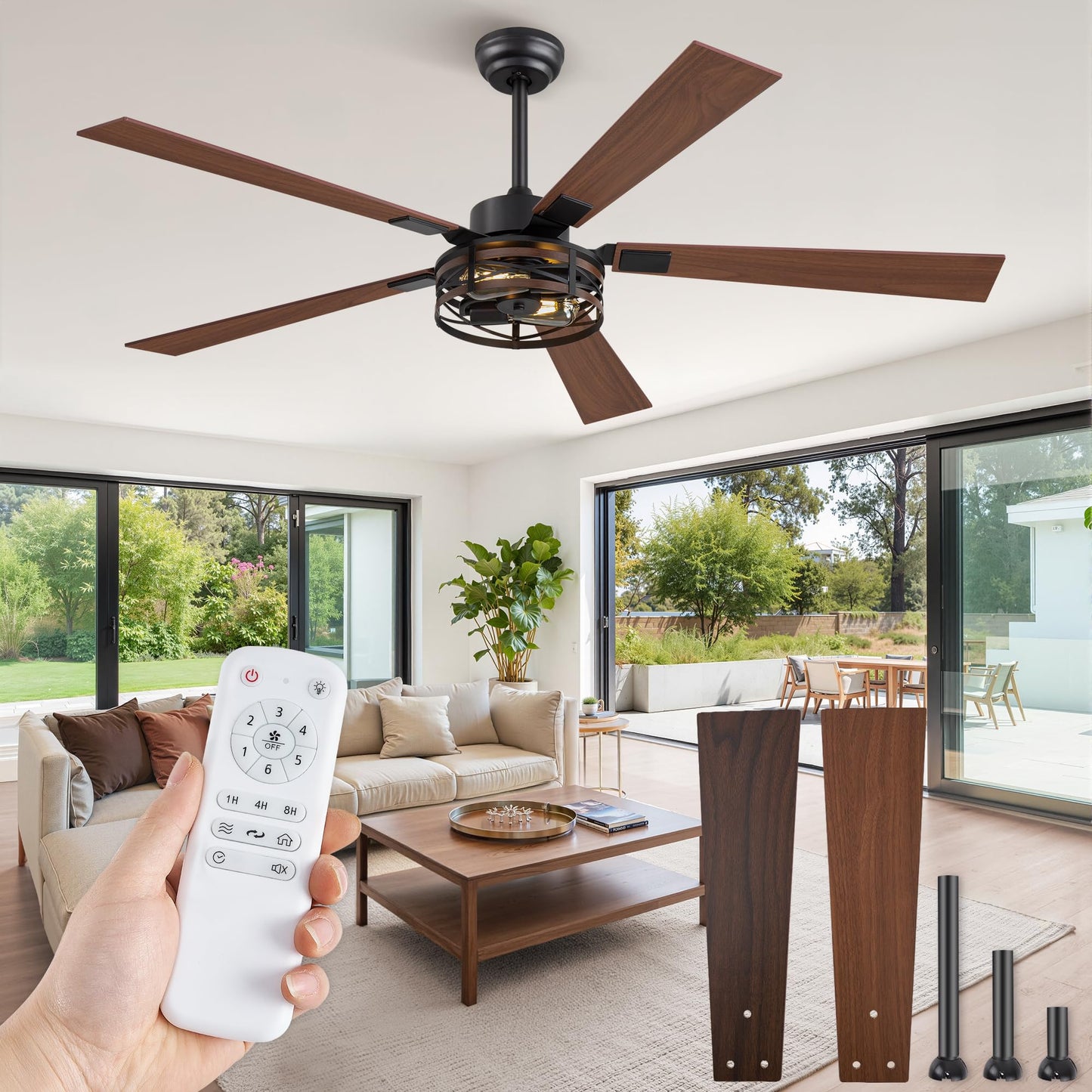 Fanbulous 48" Farmhouse Ceiling Fan with Light & Remote, 2-Light Caged | DC Motor Quiet and Reversible, 6-Speed Adjustable, Dual Finish 5 Blades Rustic for Bedroom and Living Room, Black and Walnut
