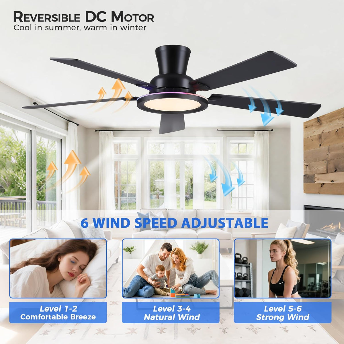 Ayaoty Ceiling Fans with Lights - 52in Flush Mount Ceiling Fan with RGB Dimmable, 3CCT 6 Wind Speeds and Reversible Quiet Motor, Low Profile RGB Fan Light for Modern Indoor, Party - Black
