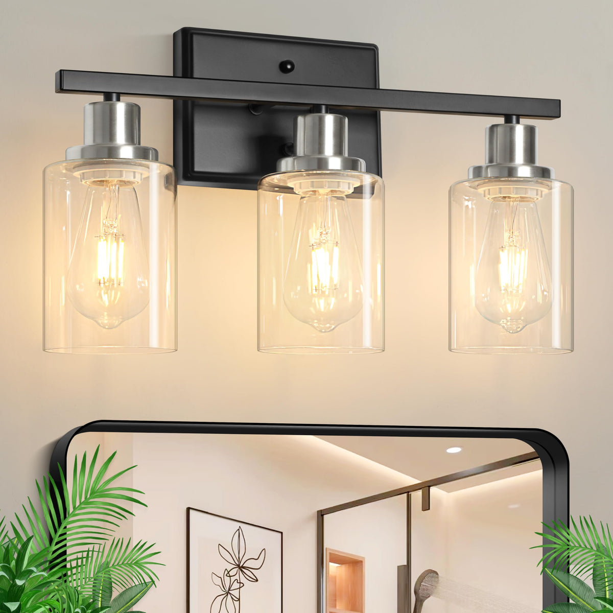 Ascher Bathroom Vanity Light Fixtures, 3 Light Wall Sconces Lighting with Clear Glass Shade, Brushed Nickel Wall Lights for Mirror, Kitchen, Living Room, Gallery, E26 Base (Bulbs Not Included)