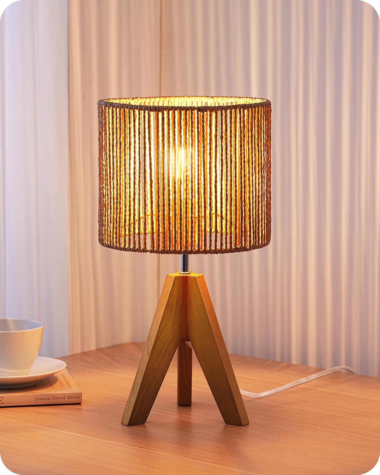 EDISHINE Tripod Table Lamp, Small Cute Bedside Lamp, 14.2 Inch, E26 Base | Light Brown Wooden Base, Linen Beige Lampshade, Nightstand Lamp for Nursery, Bedroom, Kid Room, Living Room
