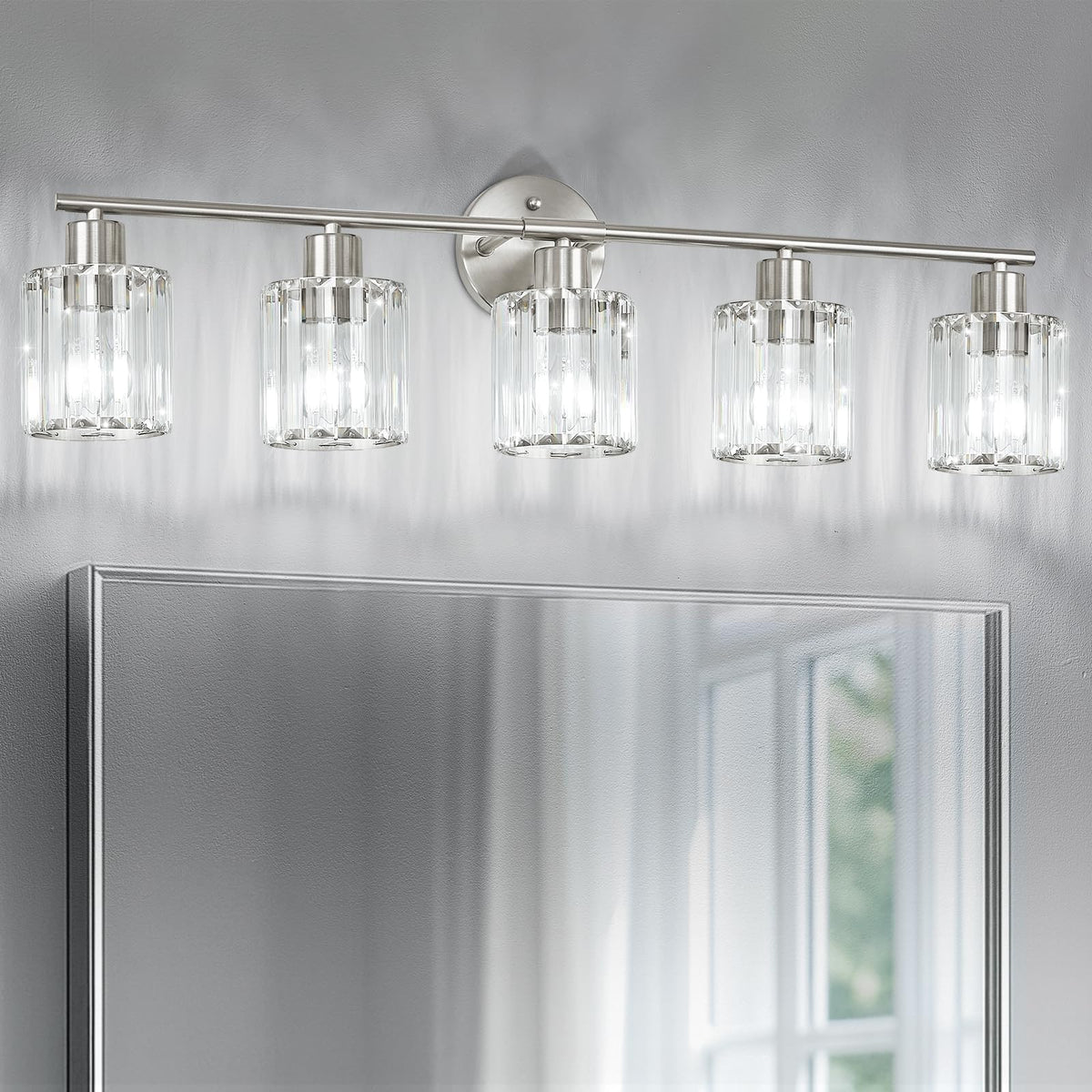 Modern Brushed Nickel Crystal Bathroom Light Fixtures,3-Light | Bathroom Lighting Fixtures over Mirror,Vanity Lights for Mirror, Restroom(Ceramic E26 Socket,Bulbs Not Include)