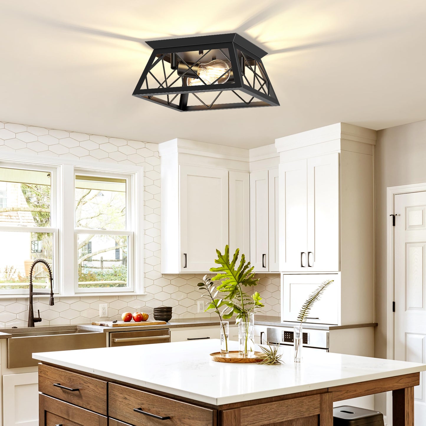FadimiKoo 4-Light Black Flush Mount Ceiling Light for Kitchen Hallway, Industrial Close to Ceiling Lighting, Farmhouse Square Cage Lamp for Dining Room, Living Room, Bulb Not Included