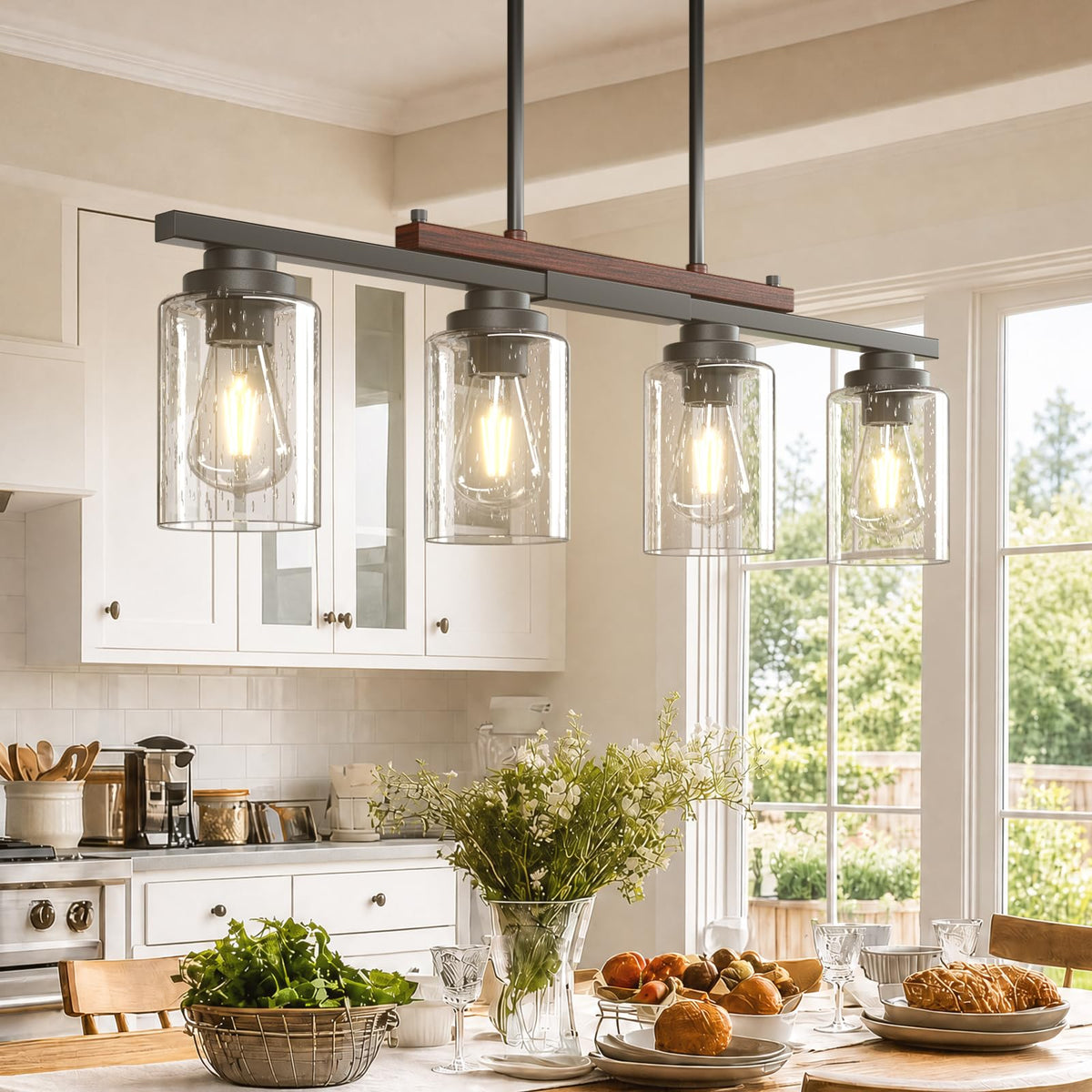 Amico 5-Light Dining Room Light Fixture, Seeded Glass Island Chandelier | Farmhouse Adjustable Rods Black Metal & Wood, Kitchen Island Pendant Light, Dining Room, Bubble Glass Shade