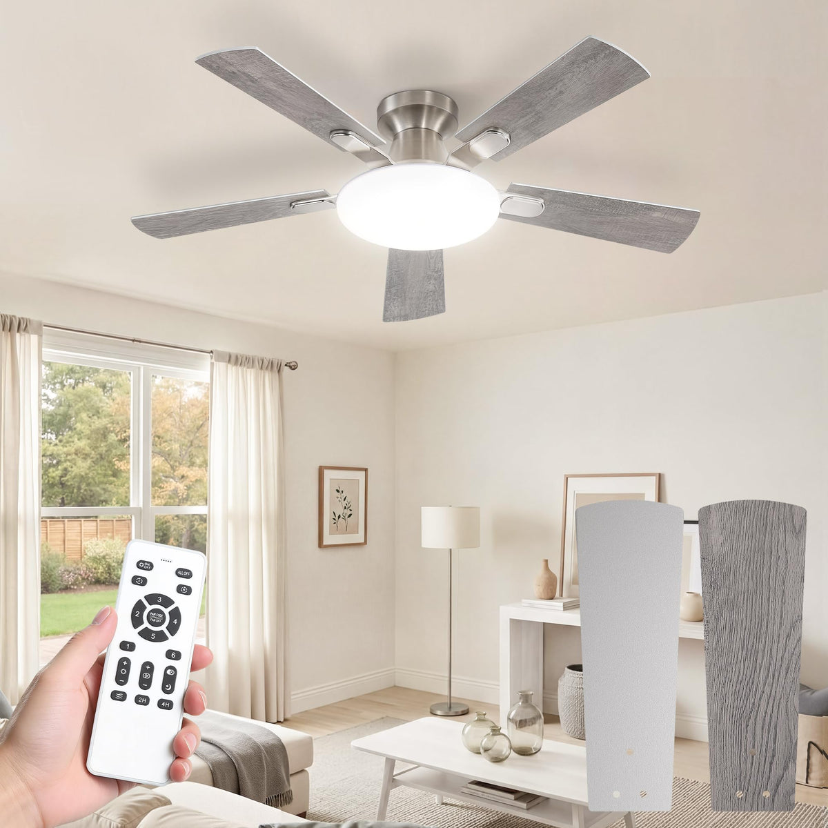 LEDIARY 52 Inch Flush Mount Ceiling Fans with Lights, Remote & APP Control | Bright Light, 3CCT, Memory Function, Timer, Reversible Blade, Quiet DC Motor, Damp-Rated, Living Room, Bedroom, Covered Patio