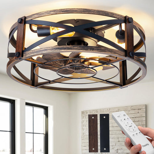 Passky 20" Caged Ceiling Fans with Lights and Remote, Low Profile Fandelier | Reversible DC Motor, 1/2/4H Timer, 6 Speeds, Farmhouse Style, Quiet Operation, for Bedroom, Kitchen, Dining Room, Living Room