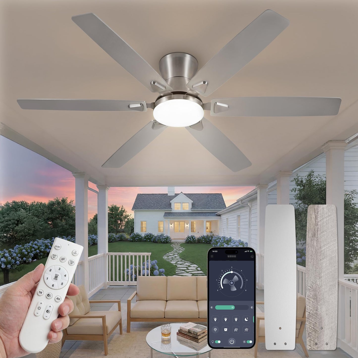 Fanbulous 52 Inch Flush Mount Ceiling Fans with Light, Remote & APP Control | 6-Blade Gentle Breeze,Quiet DC Motor, 3CCT,Dimmable,Memory Function,Reversible, Damp-Rated, Living Room,Bedroom,Covered Patio