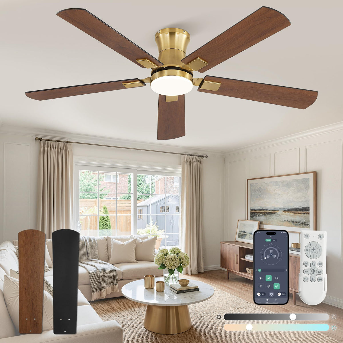 Fanbulous 52 inch Ceiling Fan with Light, Low Profile, App & Remote Control | Flush Mount, Stepless Dimming LED Light, Quiet Reversible DC Motor, Memory Function, Living Room, Bedroom, Patio, Black