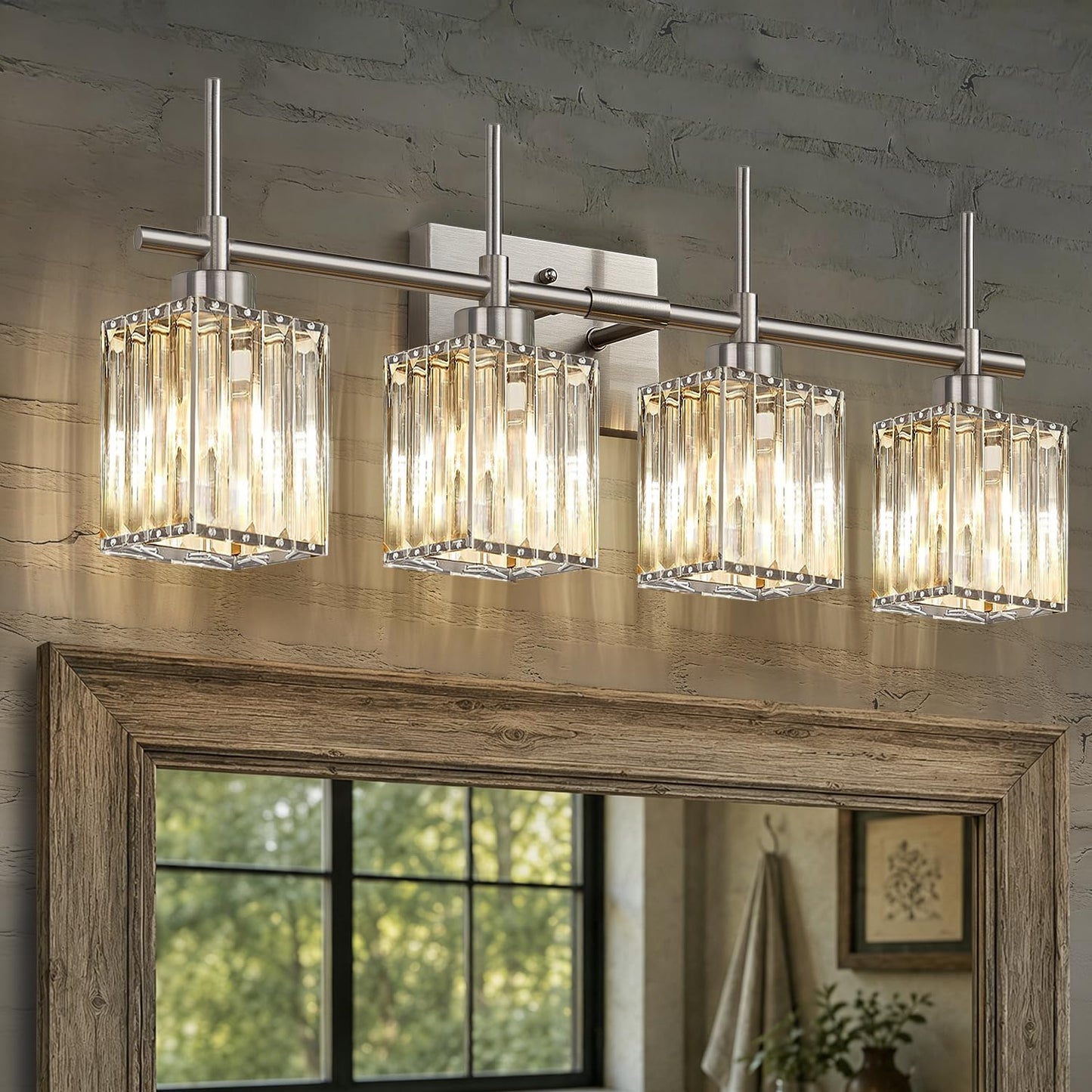 Torondo Modern Crystal Bathroom Vanity Light 4-Lights Gold Bathroom Light Fixtures Over Mirror Black and Gold Vanity Lighting Fixtures Gold Square Shade Brass Wall Sconce (Bulbs Not Include)