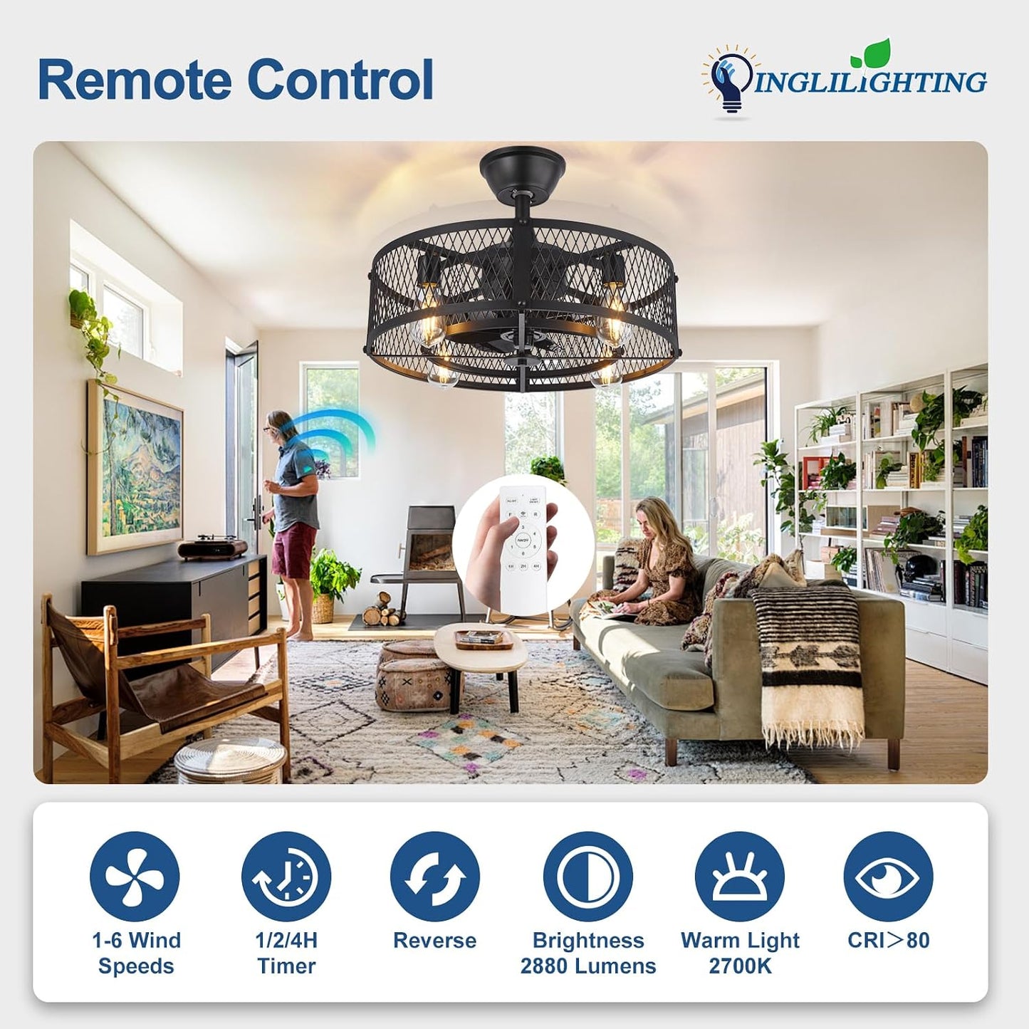 DLLT Caged Ceiling Fan with Light: 20" Farmhouse Fandelier with Lights and Remote Control - Black Rustic Semi Flush Mount Bladeless Ceiling Fans Enclosed Fan for Bedroon Kitchen Living Dining Room