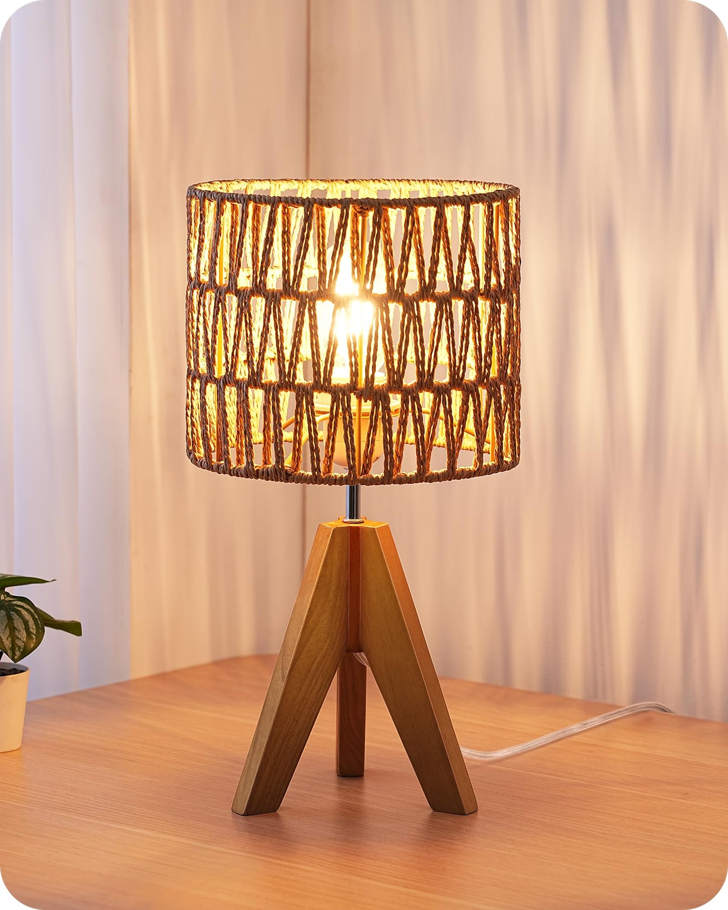 EDISHINE Tripod Table Lamp, Small Cute Bedside Lamp, 14.2 Inch, E26 Base | Light Brown Wooden Base, Linen Beige Lampshade, Nightstand Lamp for Nursery, Bedroom, Kid Room, Living Room