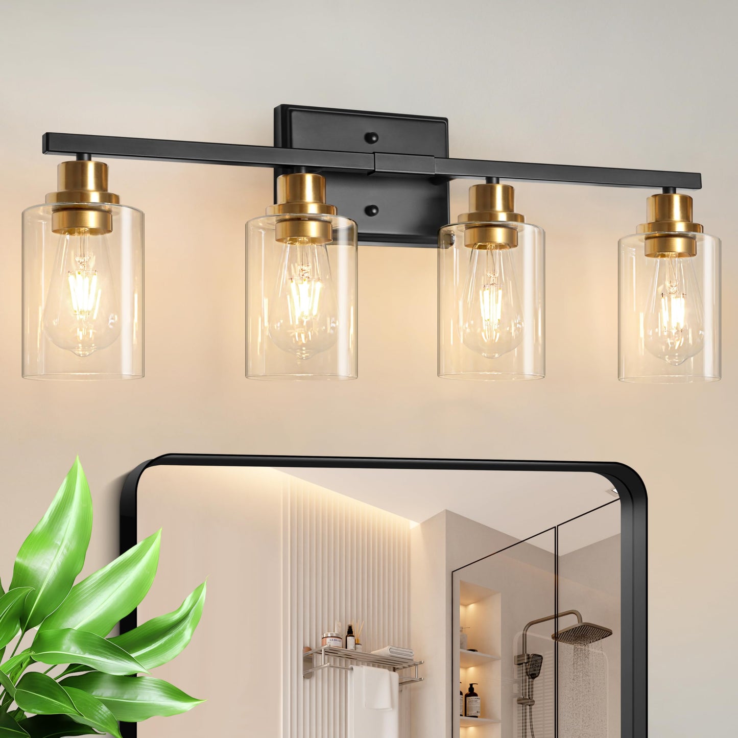 Modern Bathroom Light Fixtures, 4 Light Vanity Lights Over Mirror, Black Wall Lamp with Clear Glass for Living Room Cabinet Bedroom Porch