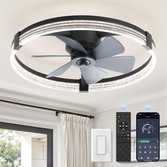 ZMISHIBO Ceiling Fan with Light and remote, 23'' Low Profile Ceiling Fans | Flush Mount Modern Ceiling Fan and Remote Control, 3000K-7000K Dimmable, Modern Fandelier for Bedroom, Living Room