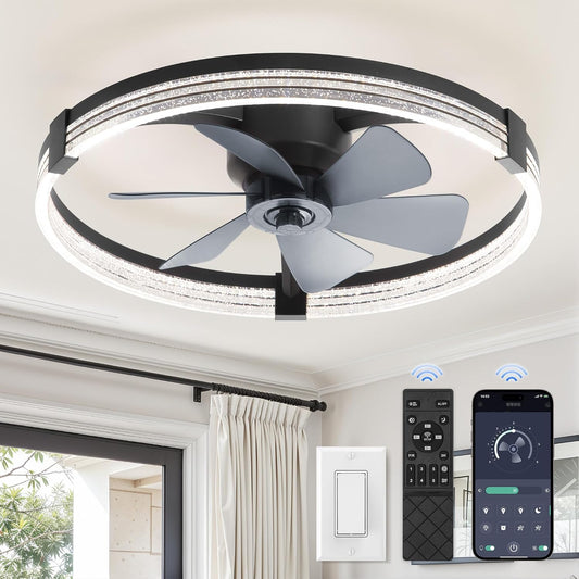 ZMISHIBO Ceiling Fan with Light and remote, 23'' Low Profile Ceiling Fans | Flush Mount Modern Ceiling Fan and Remote Control, 3000K-7000K Dimmable, Modern Fandelier for Bedroom, Living Room
