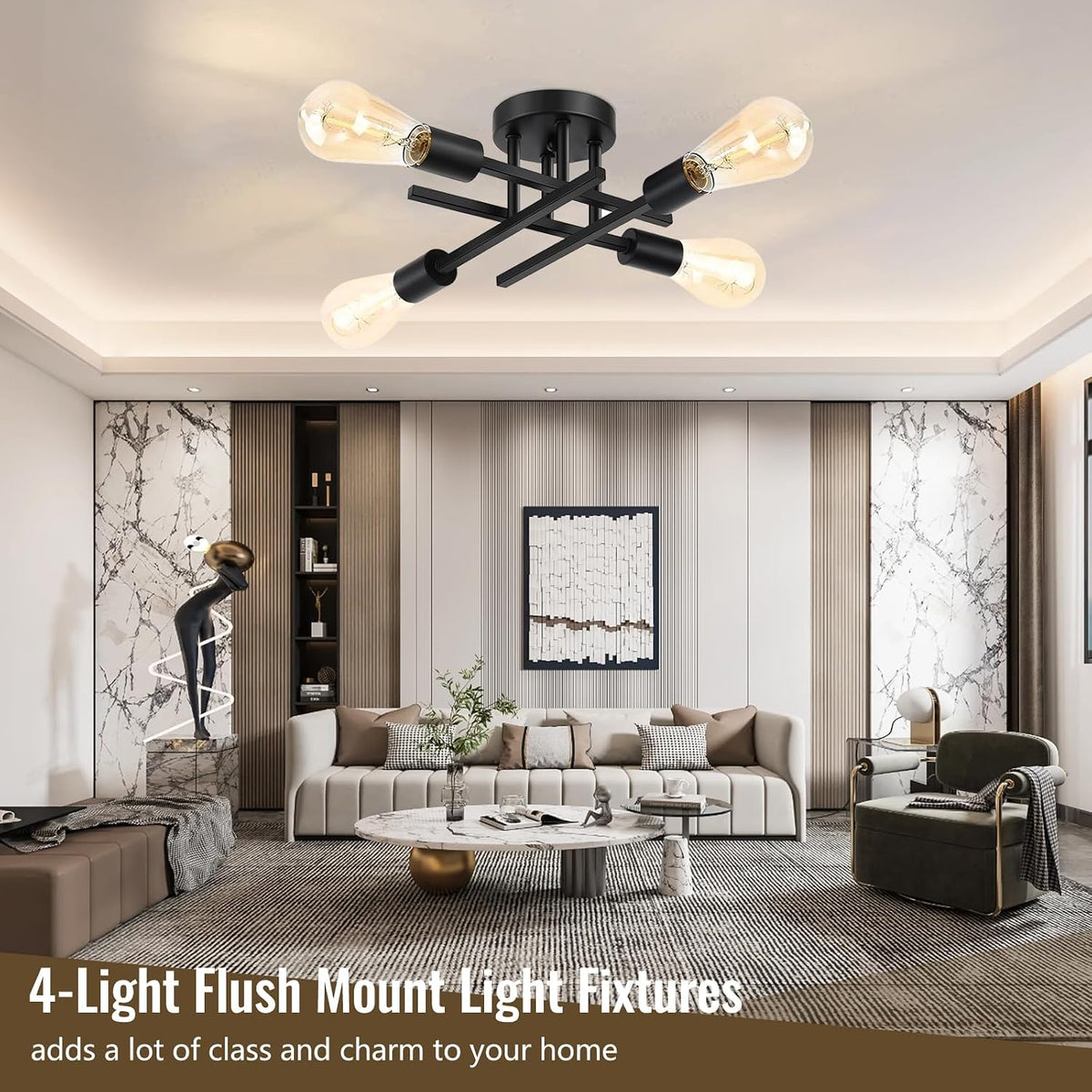 Ceiling Light, 4-Light Matte Black Semi Flush Mount Ceiling Light Fixture | Modern Dining Room Light Fixture with E26 Base,Kitchen Lighting Fixtures Ceiling, Sputnik Chandelier for Bedroom Living Room