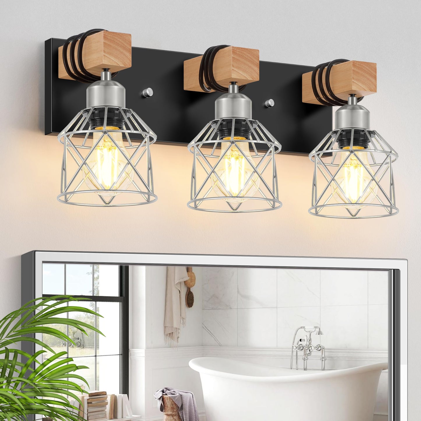 FadimiKoo 3-Light Bathroom Vanity Lights, Farmhouse Bathroom Light Fixtures | Rustic Wood & Black Metal Shade, Wood Bathroom Lighting Fixtures Over Mirror, Wall Sconces for Bathroom Bedroom Living Room