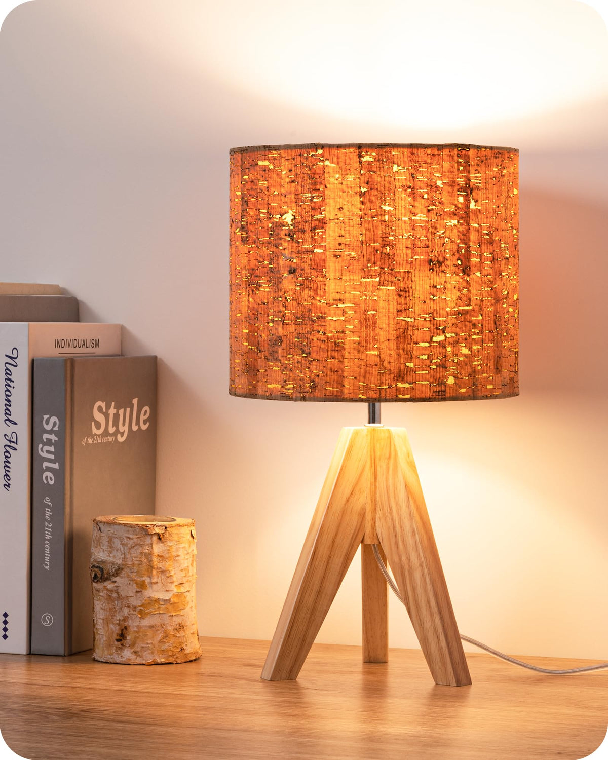 EDISHINE Tripod Table Lamp, Small Cute Bedside Lamp, 14.2 Inch, E26 Base | Light Brown Wooden Base, Linen Beige Lampshade, Nightstand Lamp for Nursery, Bedroom, Kid Room, Living Room