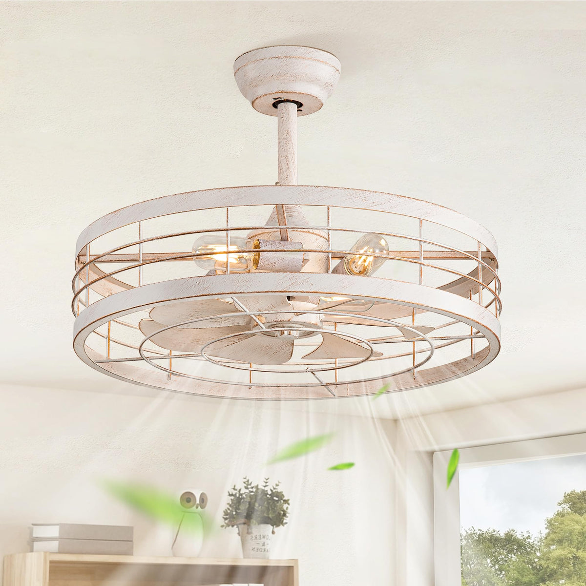 LEDIARY 20 inch Fandelier Caged Ceiling Fan with Light and Remote, Black | 6 Speed Adjustable,Timing, Quiet & Powerful DC, Small, Farmhouse, Industrial, Enclosed, Bladeless, Bedroom, Kitchen, Downrod
