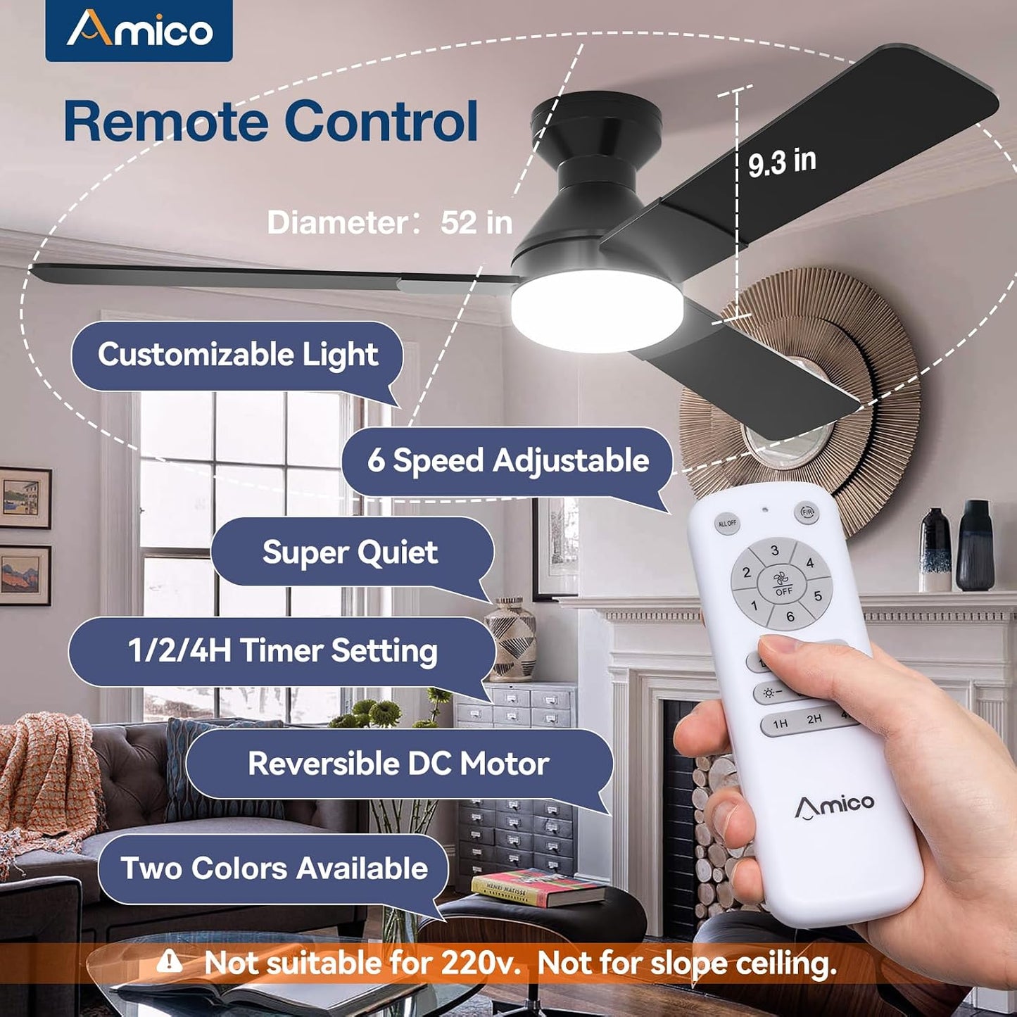 Amico 52 Inch Black Low Profile Ceiling Fans with Lights and Remote | Flush mount, 3-color dimmable light, quiet reversible DC motor, easy install, memory, timer, bedroom, covered outdoor areas