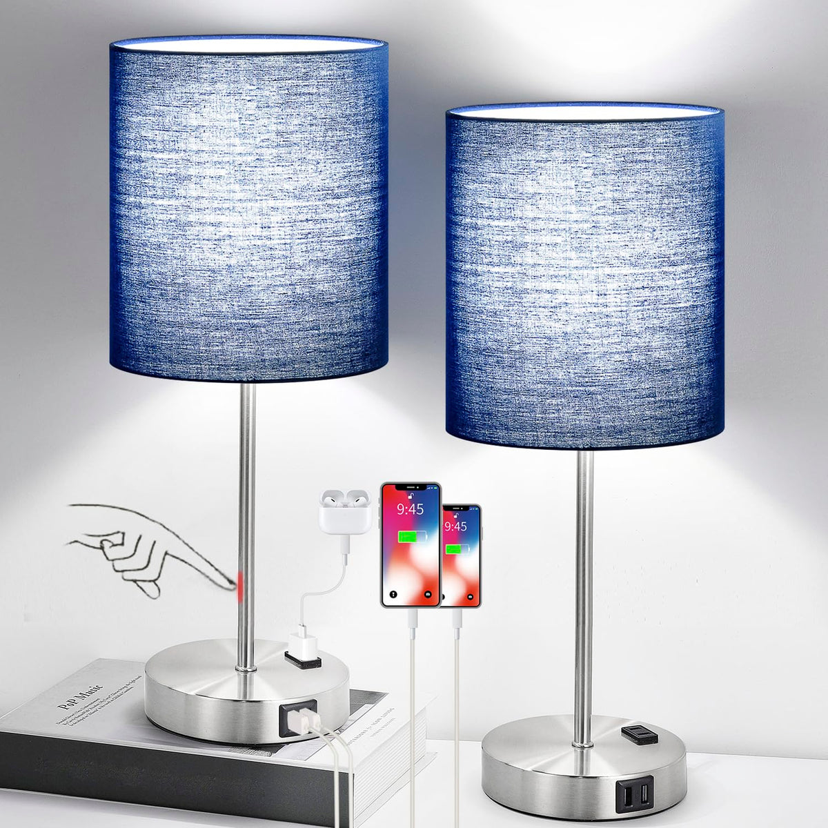 Set of 2 Touch Control Table Lamps with 2 USB & AC Outlet, 3-Way Dimmable Bedside Nightstand Lamps for Bedroom Living Room Nursery, 800 Lumens 5000K Daylight Bulbs Included
