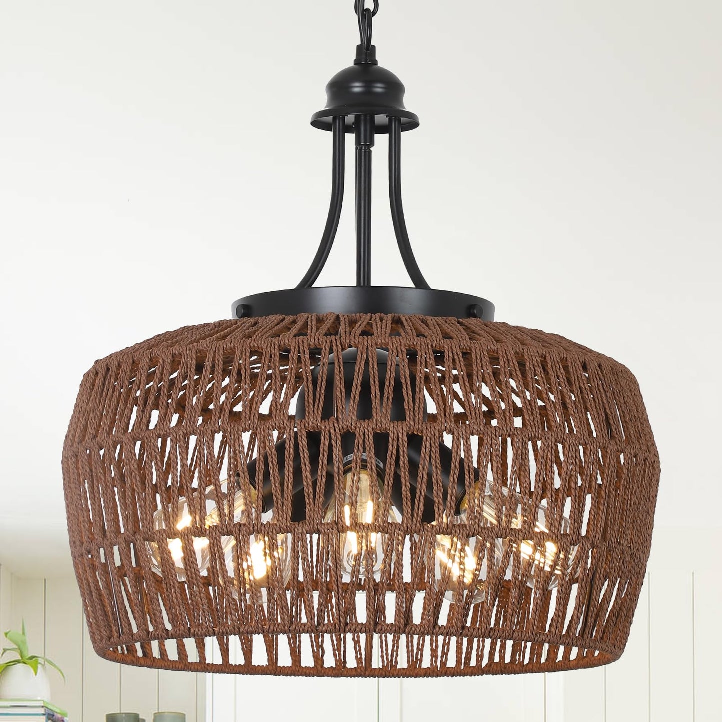 HMVPL Farmhouse Chandelier for Dining Room, 3-Light Boho Rattan Chandelier Light Fixture Ceiling Hanging with Woven Lampshade, Small Wicker Coastal Pendant Light for Kitchen Bedroom Island Hallway