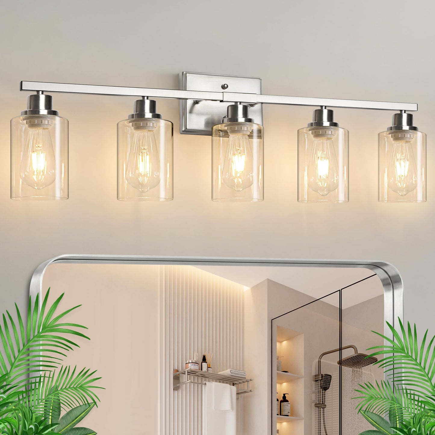Ascher Bathroom Vanity Light Fixtures, 3 Light Wall Sconces Lighting with Clear Glass Shade, Brushed Nickel Wall Lights for Mirror, Kitchen, Living Room, Gallery, E26 Base (Bulbs Not Included)
