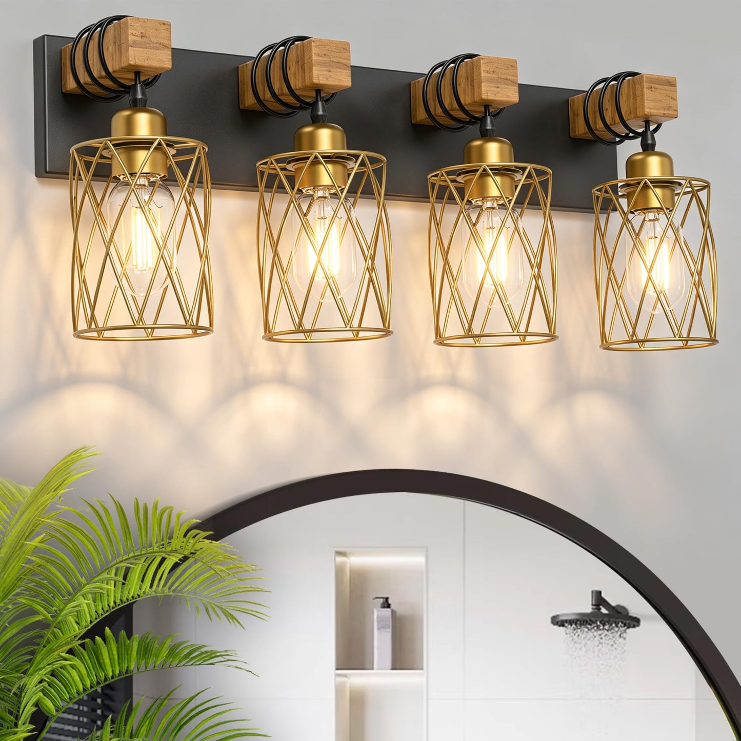 IZORRO Farmhouse Bathroom Vanity Light, 3-Light Wood Bathroom Light Fixtures Over Mirror, Black Industrial Vanity Lights with Metal Shade, Rustic Restroom Lighting Fixtures
