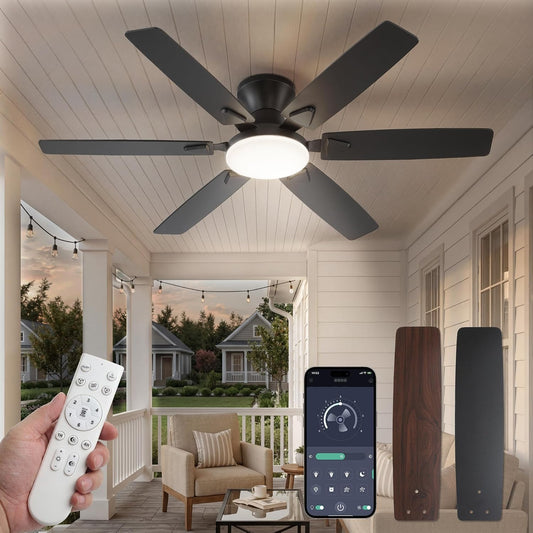 Fanbulous 52 Inch Flush Mount Ceiling Fans with Light, Remote & APP Control | 6-Blade Gentle Breeze,Quiet DC Motor, 3CCT,Dimmable,Memory Function,Reversible, Damp-Rated, Living Room,Bedroom,Covered Patio
