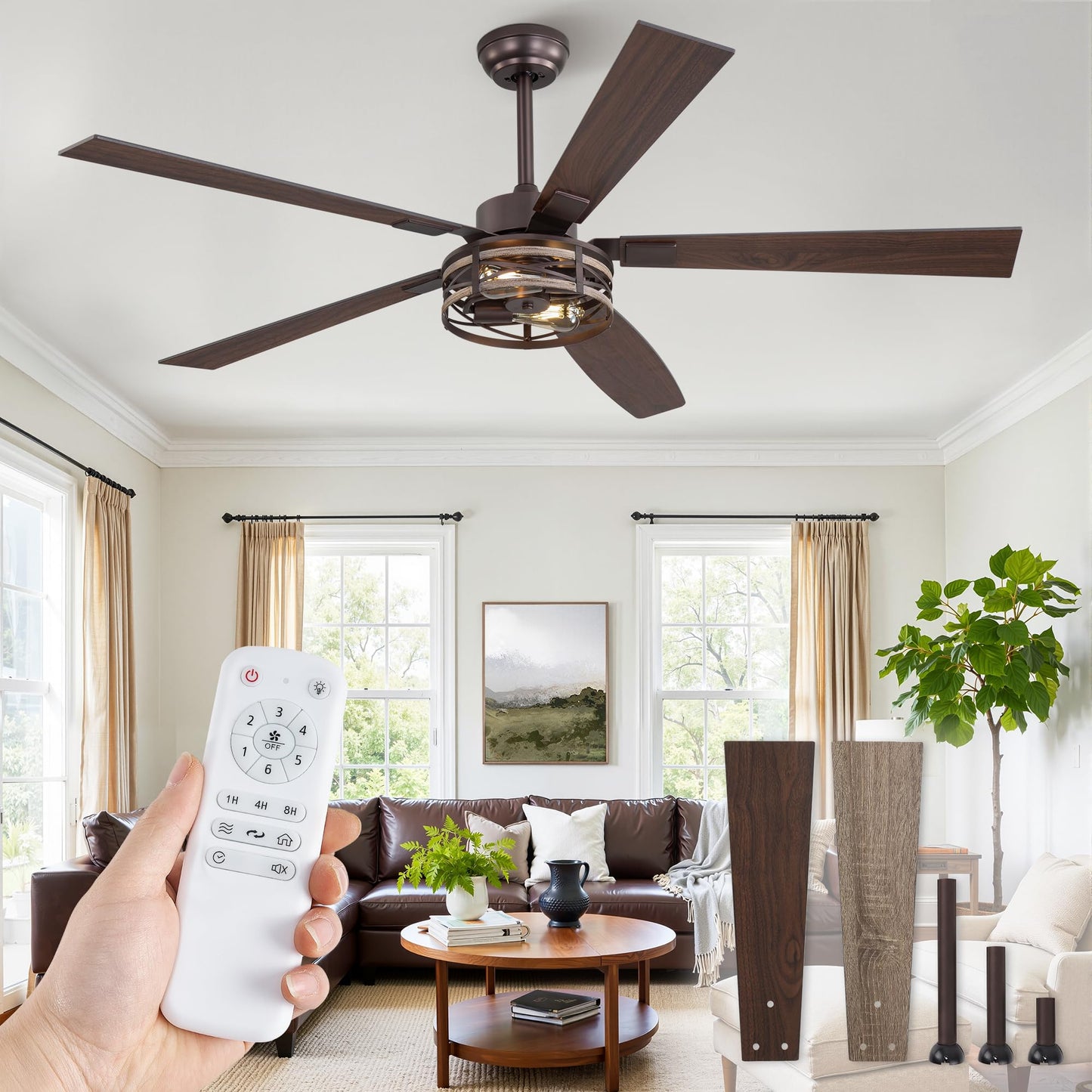 Fanbulous 48" Farmhouse Ceiling Fan with Light & Remote, 2-Light Caged | DC Motor Quiet and Reversible, 6-Speed Adjustable, Dual Finish 5 Blades Rustic for Bedroom and Living Room, Black and Walnut