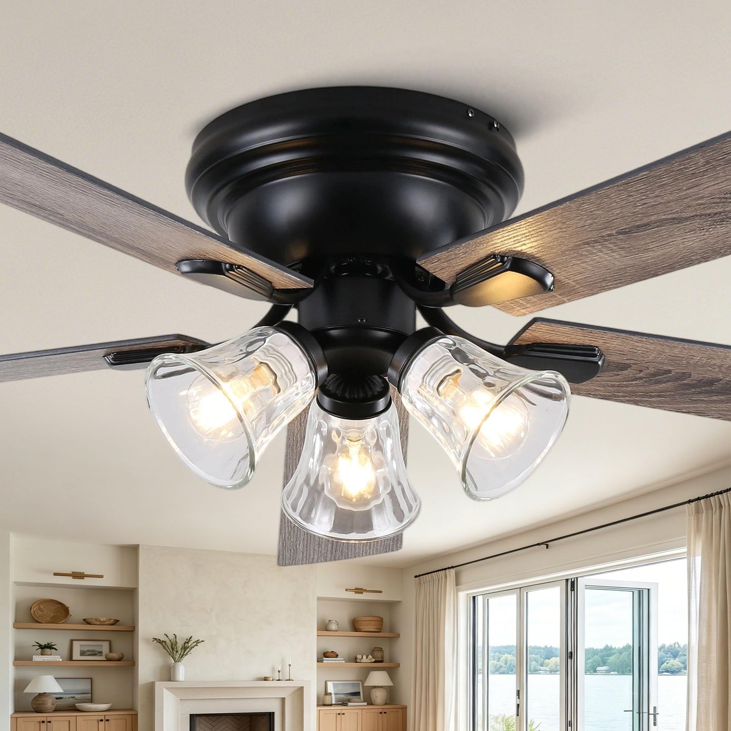 52 Inch Flush Mount Farmhouse Ceiling Fans with Lights and Remote Control | 5 Reversible Blades Vintage Low Profile Ceiling Fan with 3-Light 6 Speeds for Living Room Bedroom Kitchen Dining Room