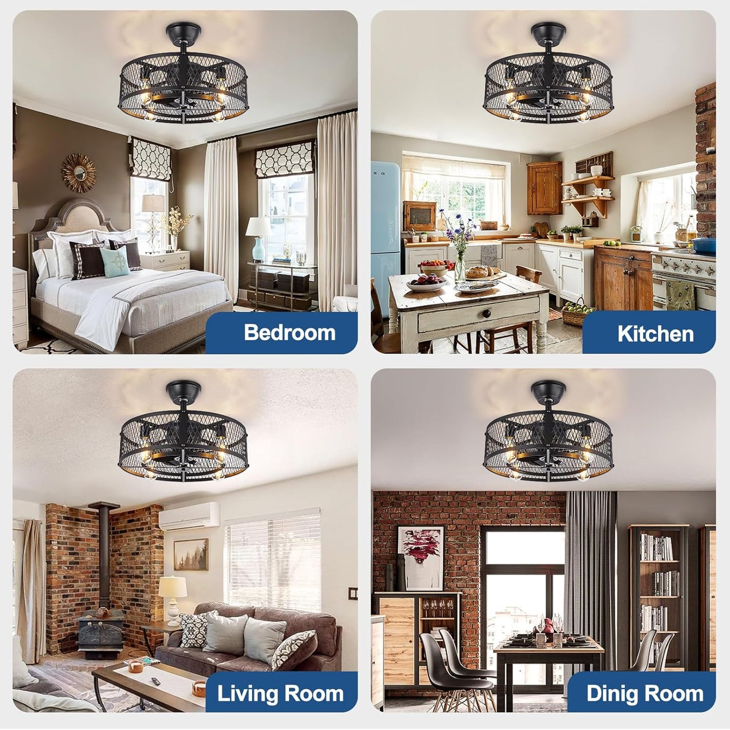 DLLT Caged Ceiling Fan with Light: 20" Farmhouse Fandelier with Lights and Remote Control - Black Rustic Semi Flush Mount Bladeless Ceiling Fans Enclosed Fan for Bedroon Kitchen Living Dining Room
