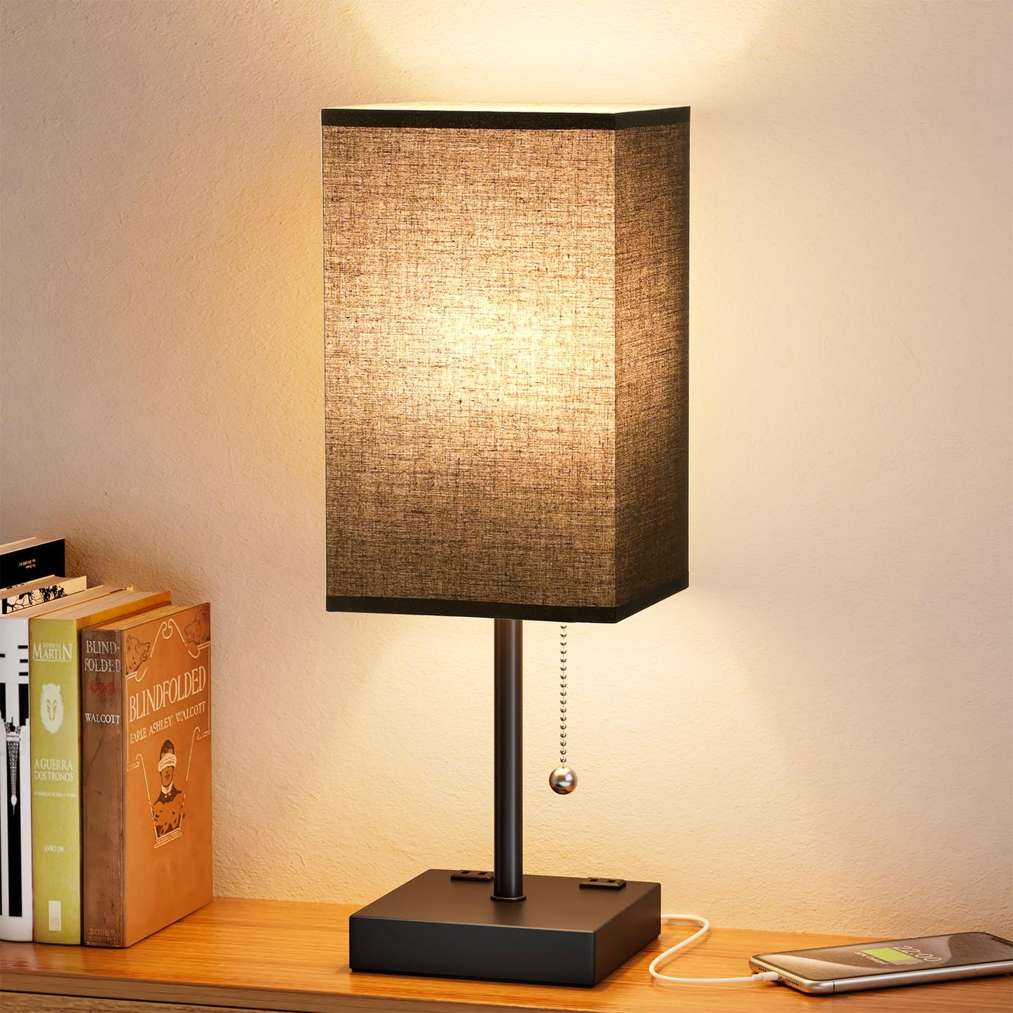 aooshine Small Bedside Table Lamp for Bedroom - Square Cream Fabric Shade | Inline Rocker Switch, Corded Electric, Bulb Not Included, 12.8" Mini Table Lamp for Nightstand, Desk, Dorm, Office